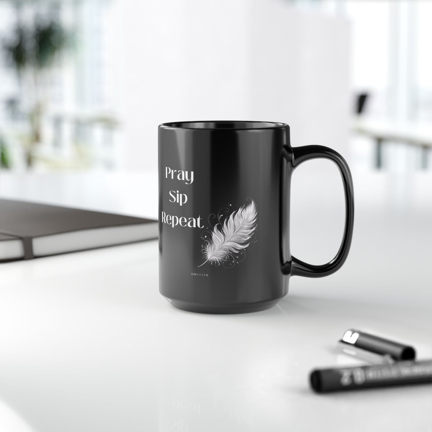 "Pray. Sip. Repeat." Divine Faith mug (Black, 11oz/15oz)