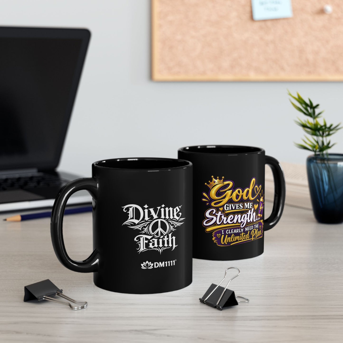 "God Gives Me Strength, DF" Divine Faith mug (Black, 11oz/15oz)