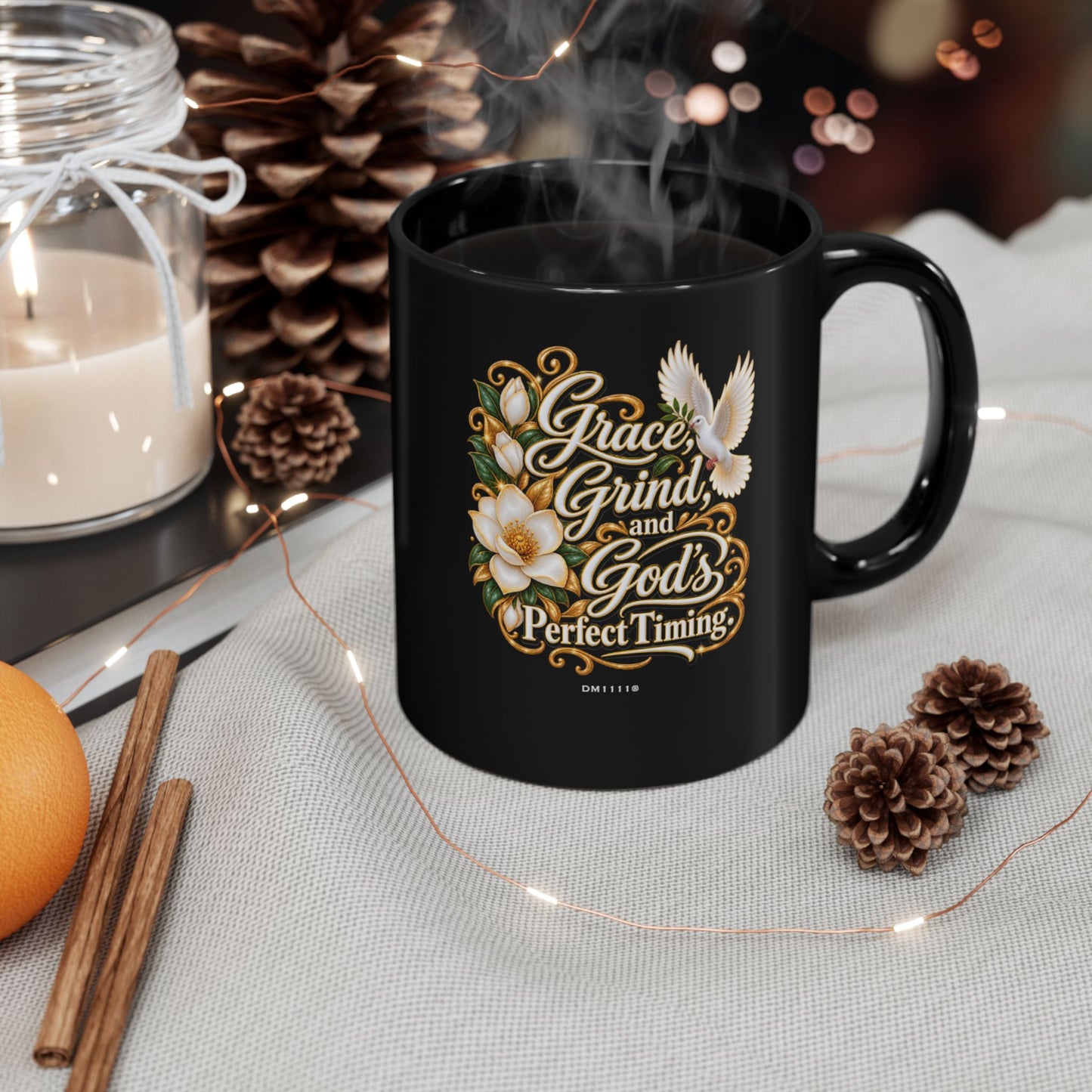 Grace, Grind, and God's Perfect Timing" Divine Faith mug (Black, 11oz/15oz)