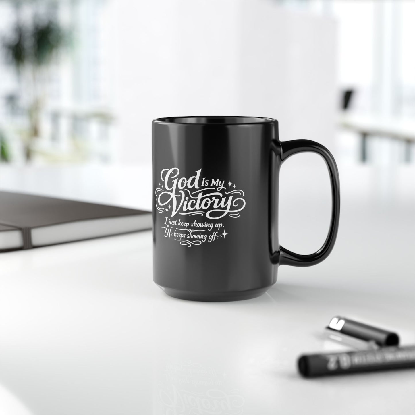 "God Is My Victory, DF" Divine Faith mug (Black, 11oz/15oz)