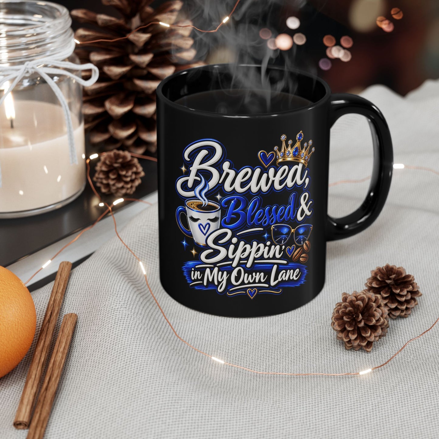 "Brewed, Blessed, and Sippin, DF" Divine Faith mug (Black, 11oz/15oz)