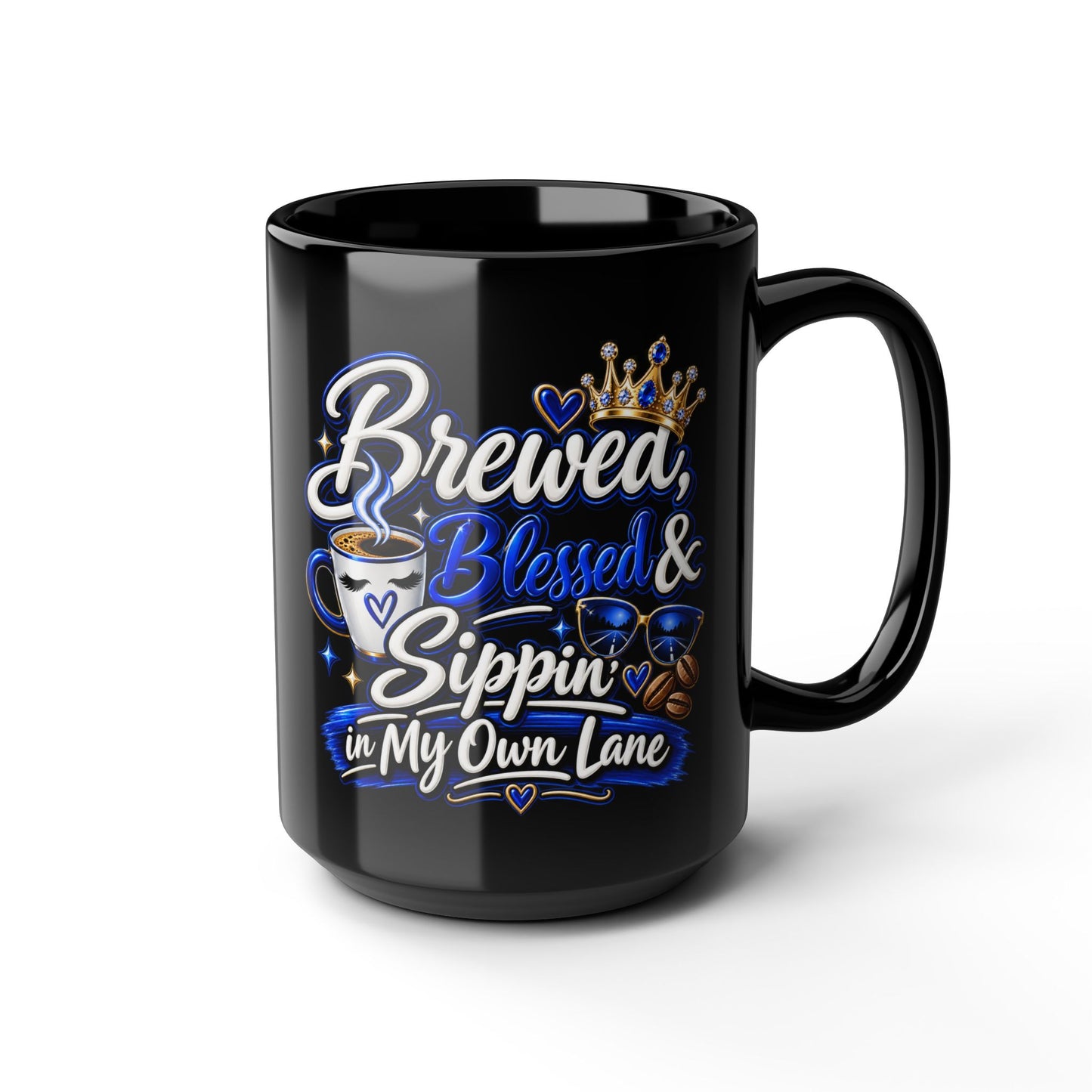 "Brewed, Blessed, and Sippin, DF" Divine Faith mug (Black, 11oz/15oz)