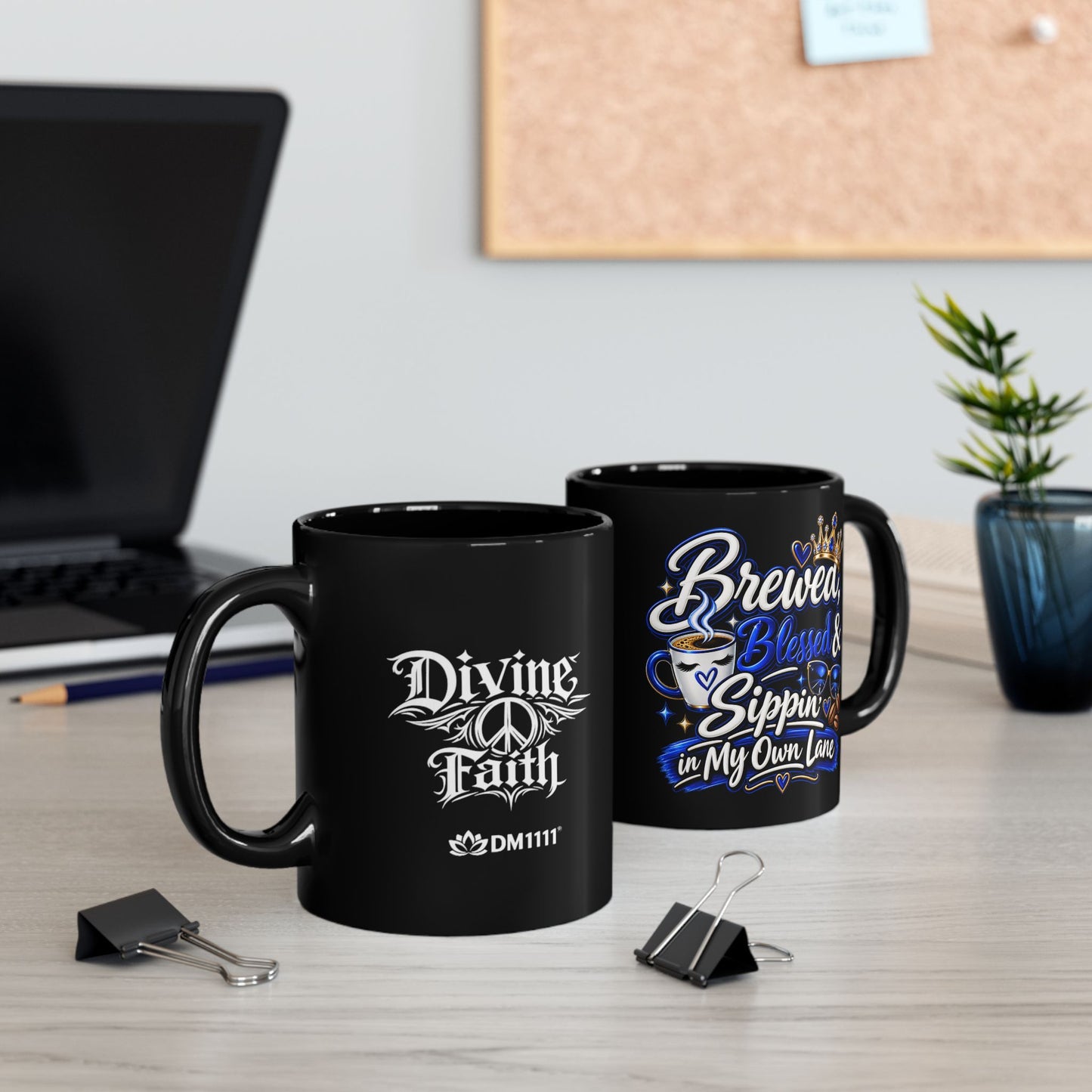 "Brewed, Blessed, and Sippin, DF" Divine Faith mug (Black, 11oz/15oz)
