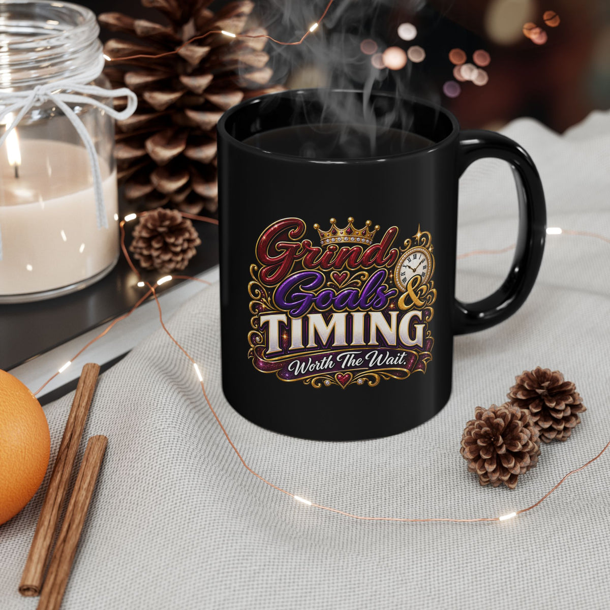 "Grind, Goals, and Timing, DF" Divine Faith mug (Black, 11oz/15oz)