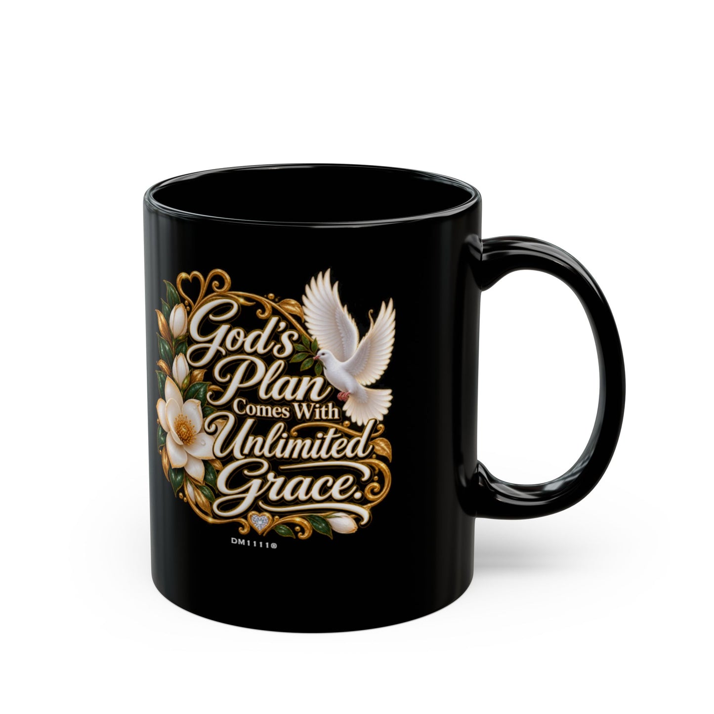 "God's Plan Comes With Unlimited Grace" Divine Faith mug (Black, 11oz/15oz)