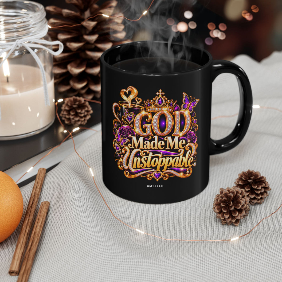 "God Made Me Unstoppable" Divine Faith mug (Black, 11oz/15oz)