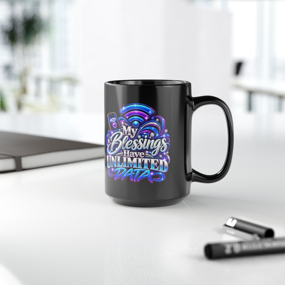 "My Blessings Have Unlimited Data, DF" Divine Faith mug (Black, 11oz/15oz)