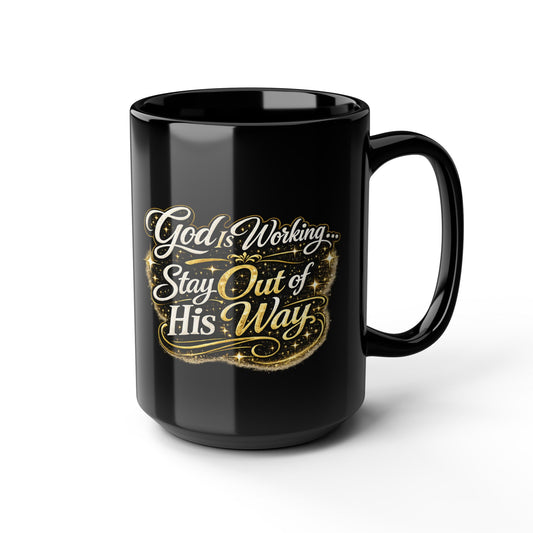 "God Is Working, DF" Divine Faith mug (Black, 11oz/15oz)