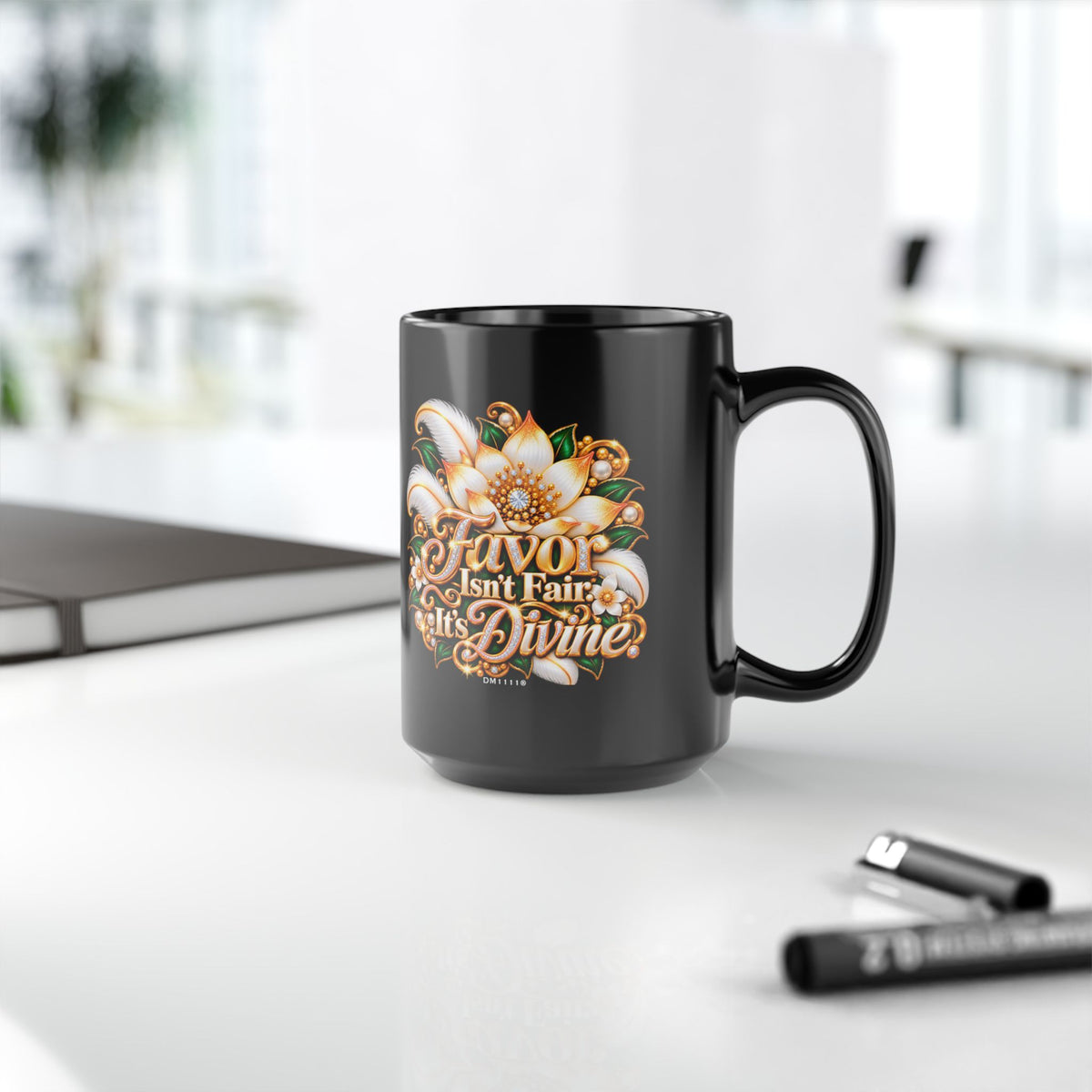 "Favor Isn’t Fair. It's Divine" Divine Faith mug (Black, 11oz/15oz)