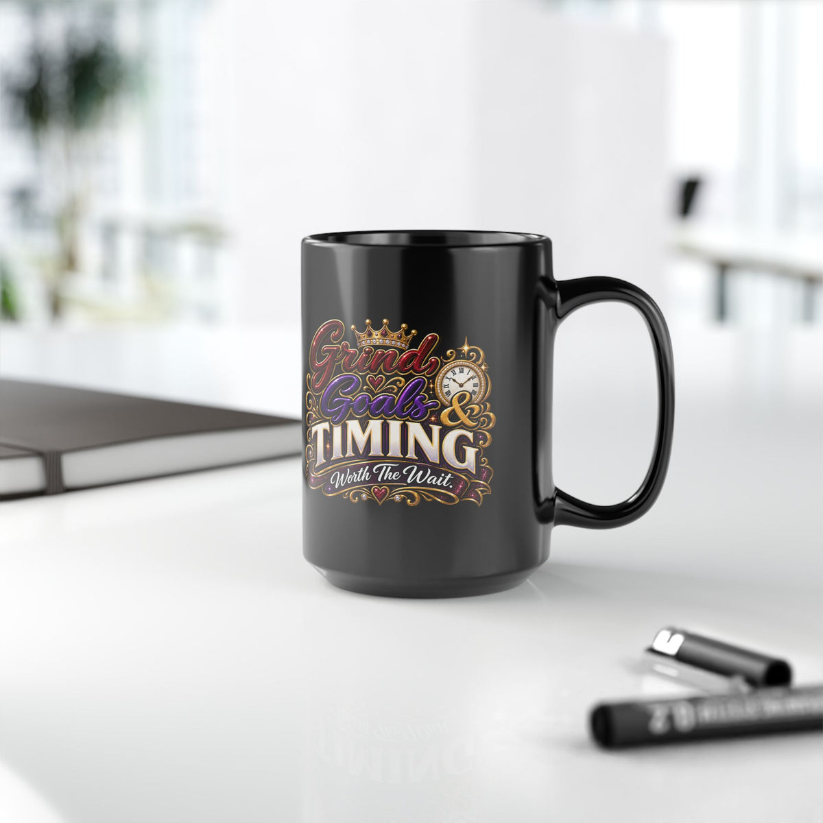 "Grind, Goals, and Timing, DF" Divine Faith mug (Black, 11oz/15oz)