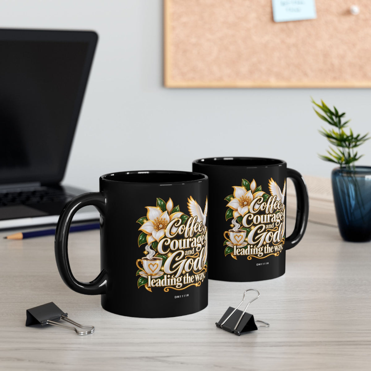 "Coffee, Courage, and God Leading The Way" Divine Faith mug (Black, 11oz/15oz)