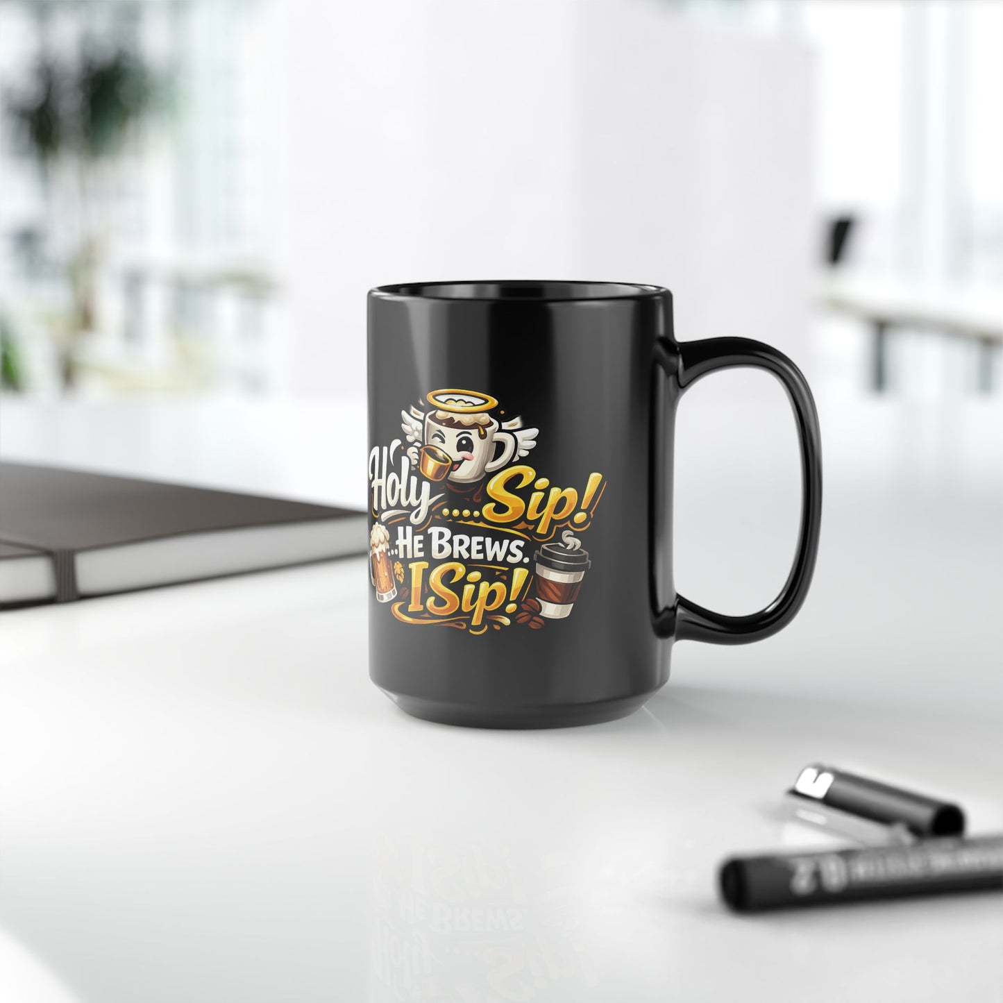 "Holy Sip! He Brews. I Sip!, DF" Divine Faith mug (Black, 11oz/15oz)