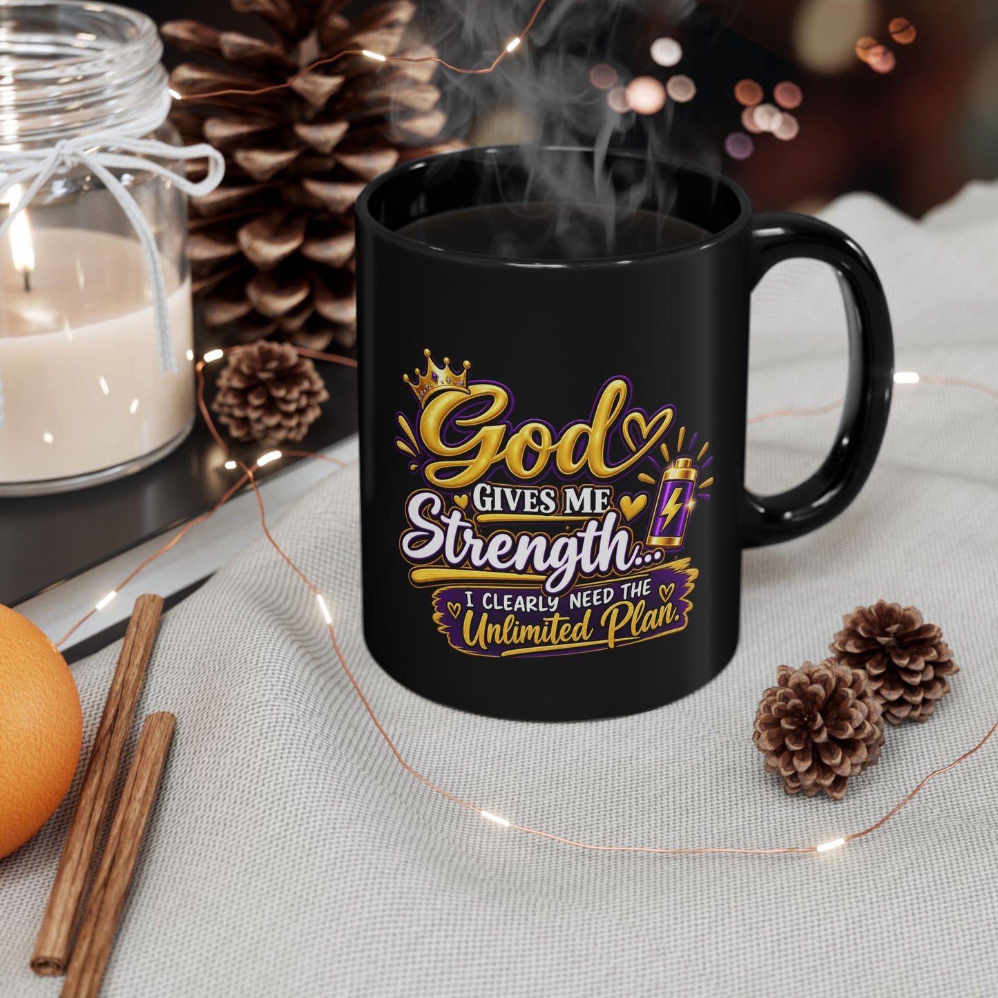 "God Gives Me Strength, DF" Divine Faith mug (Black, 11oz/15oz)