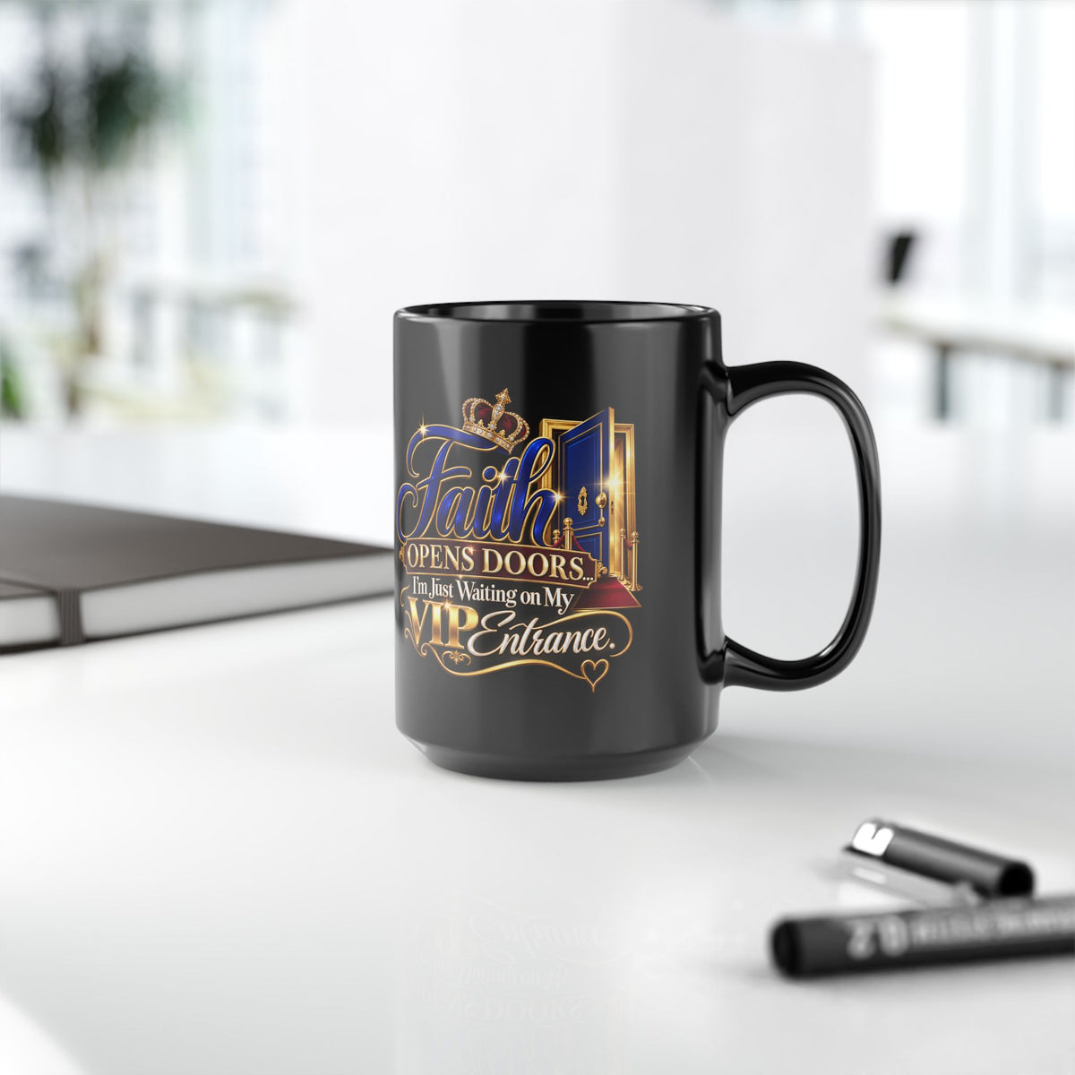 "Faith Opens Doors, DF" Divine Faith mug (Black, 11oz/15oz)