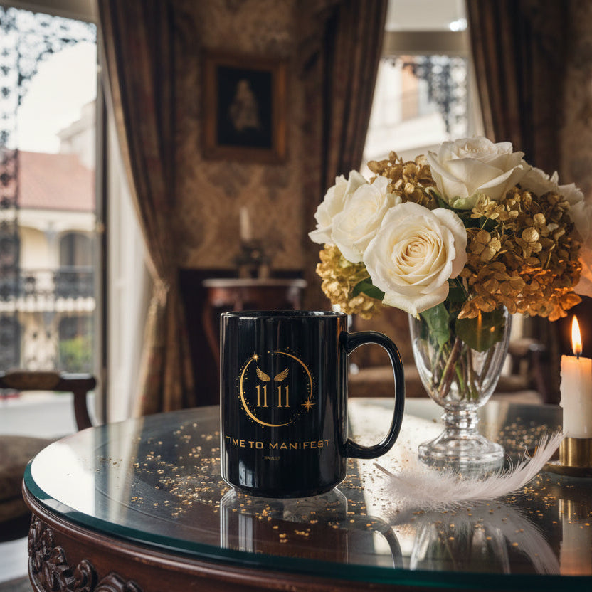 Angel 1111 'Time To Manifest' Affirmation DM1111 Black Mug (11oz, 15oz)