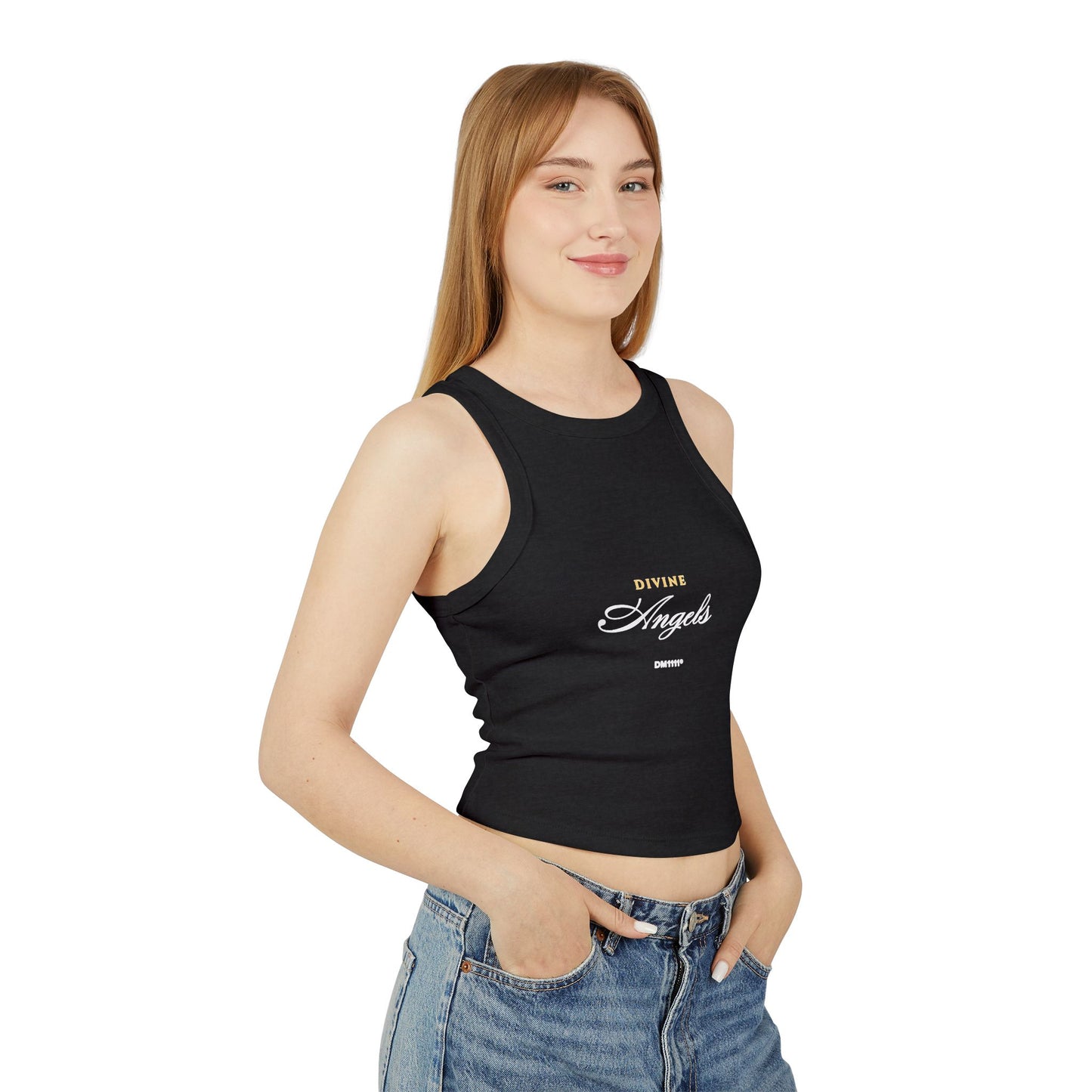 Ribbed Racer Tank — “Divine Angels” Script Cropped Tank Top
