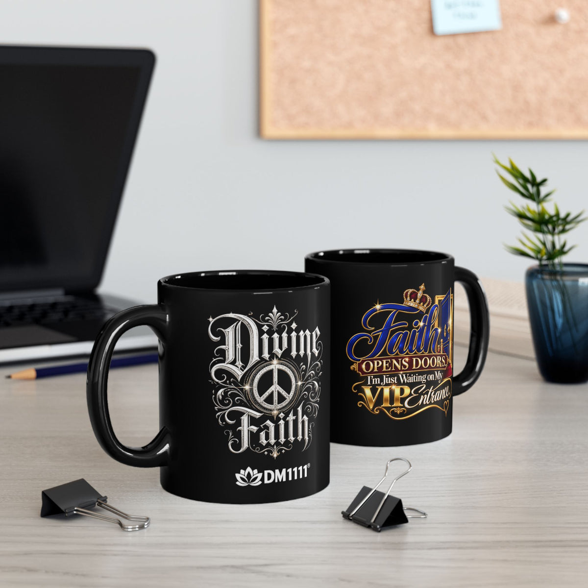 "Faith Opens Doors, DF" Divine Faith mug (Black, 11oz/15oz)