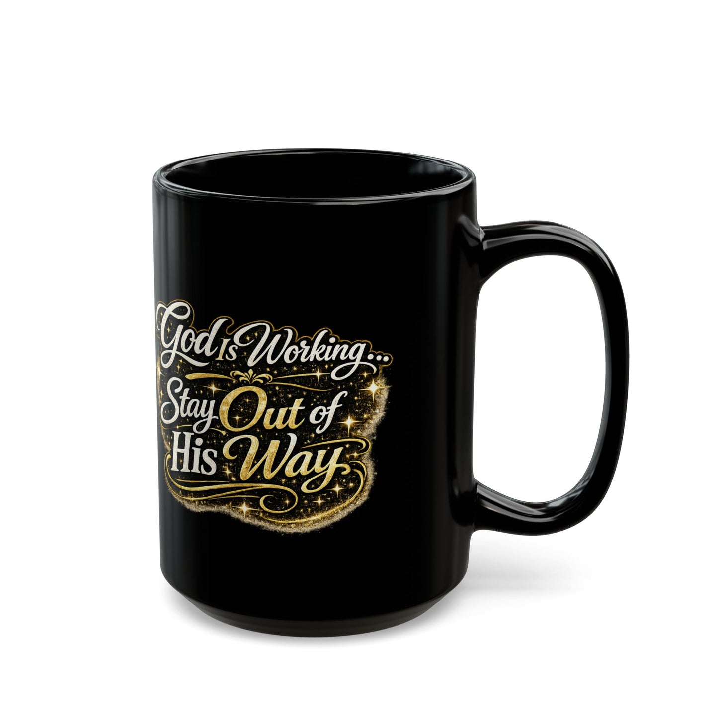 "God Is Working, DF" Divine Faith mug (Black, 11oz/15oz)
