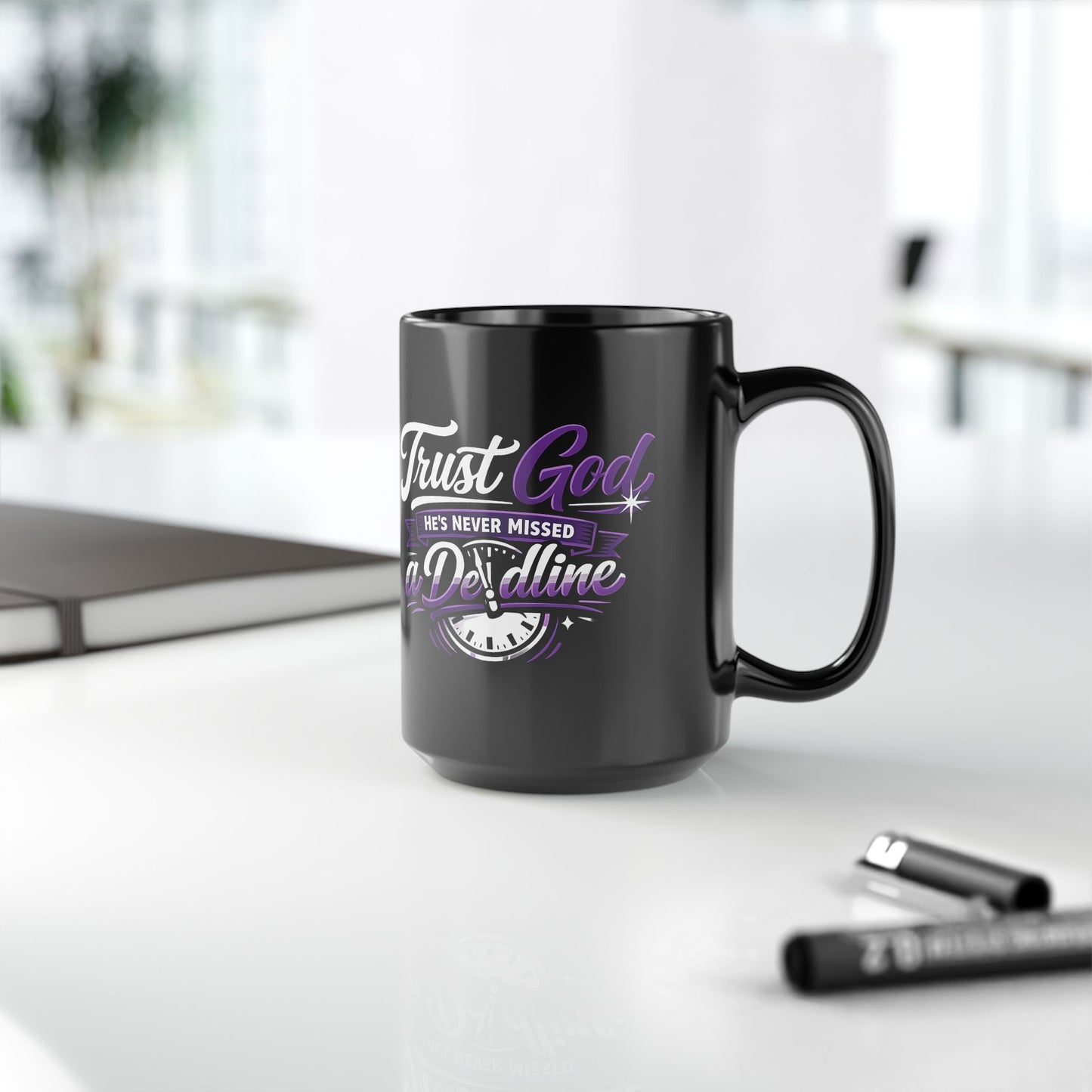 "Trust God, He's Never Missed, DF" Divine Faith mug (Black, 11oz/15oz)