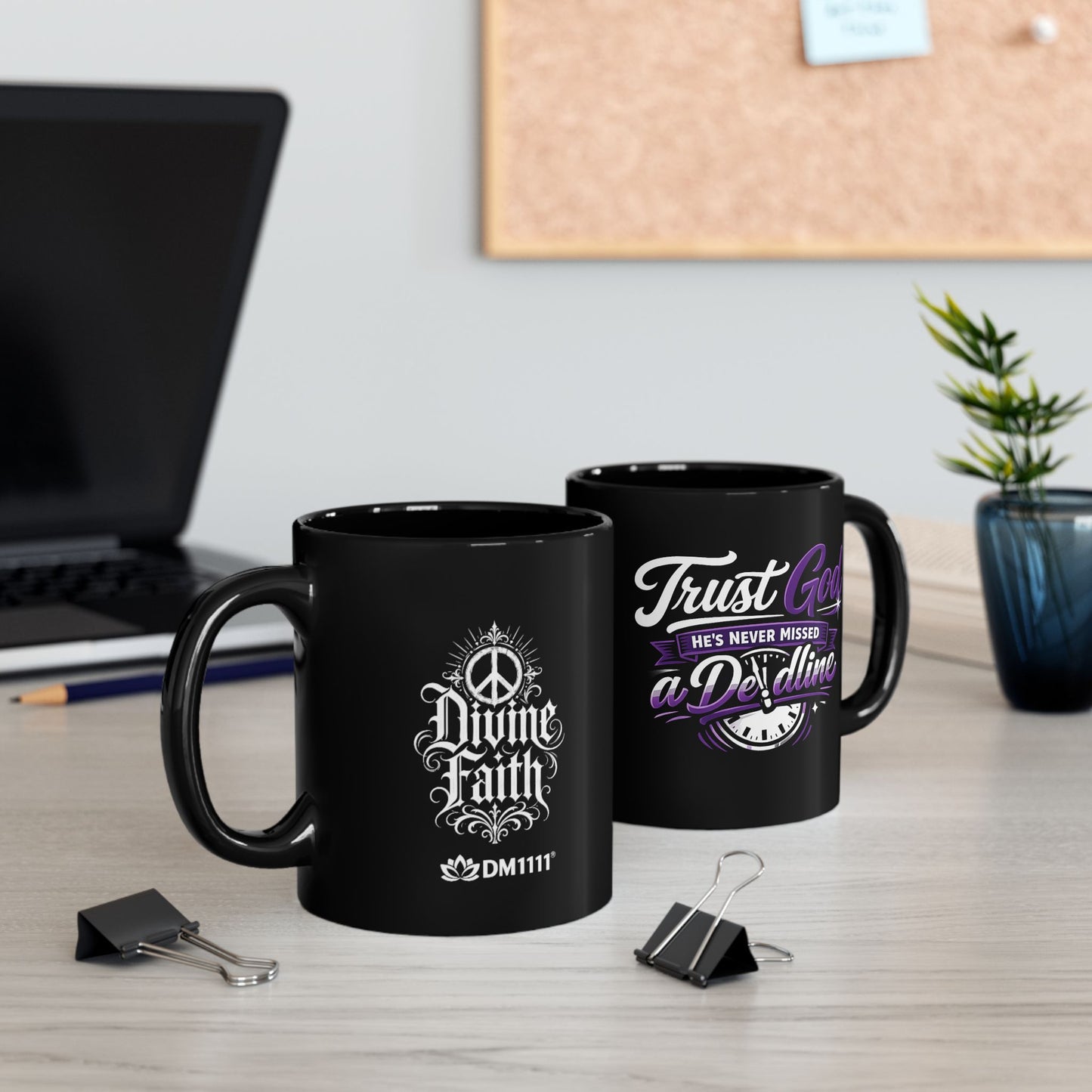 "Trust God, He's Never Missed, DF" Divine Faith mug (Black, 11oz/15oz)