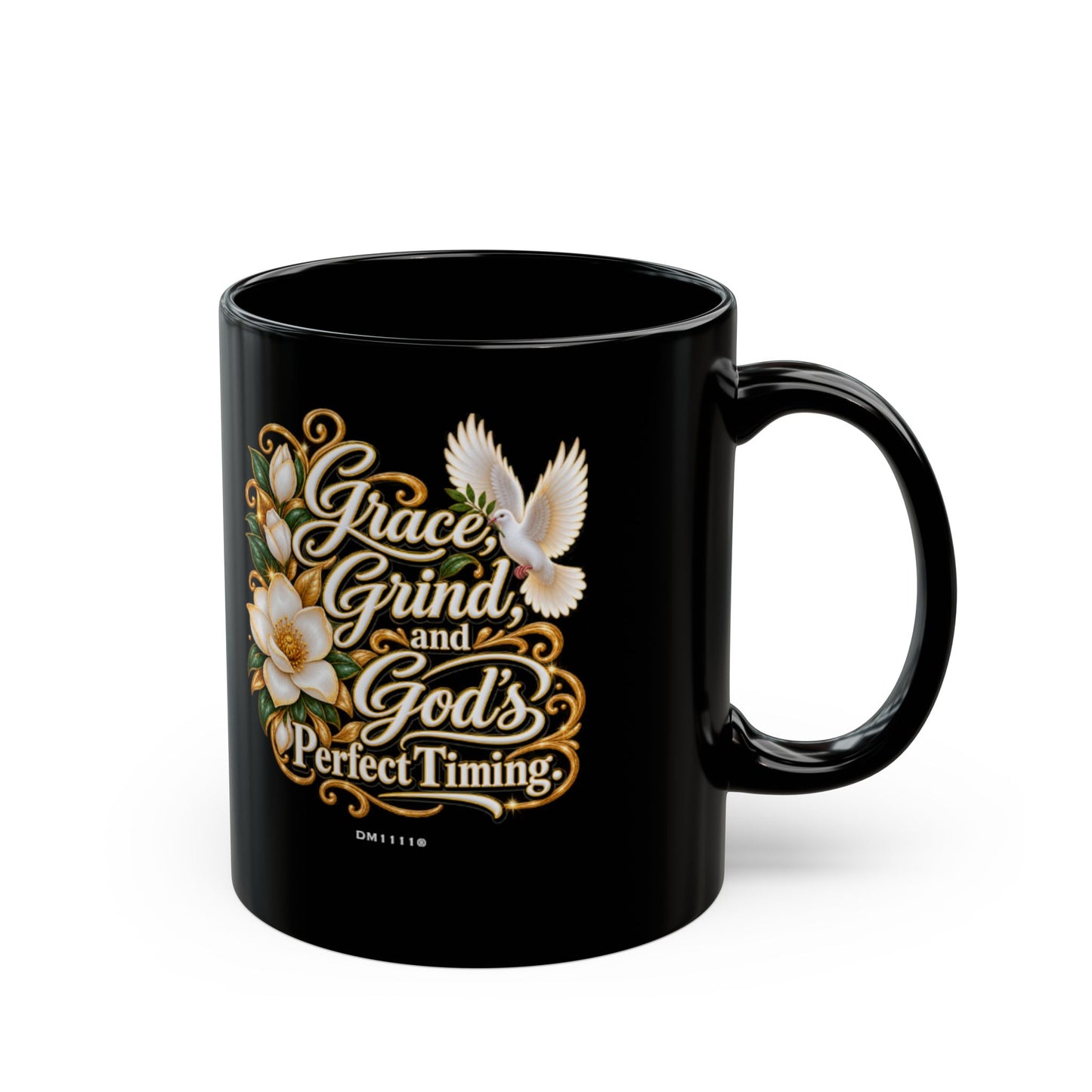Grace, Grind, and God's Perfect Timing" Divine Faith mug (Black, 11oz/15oz)