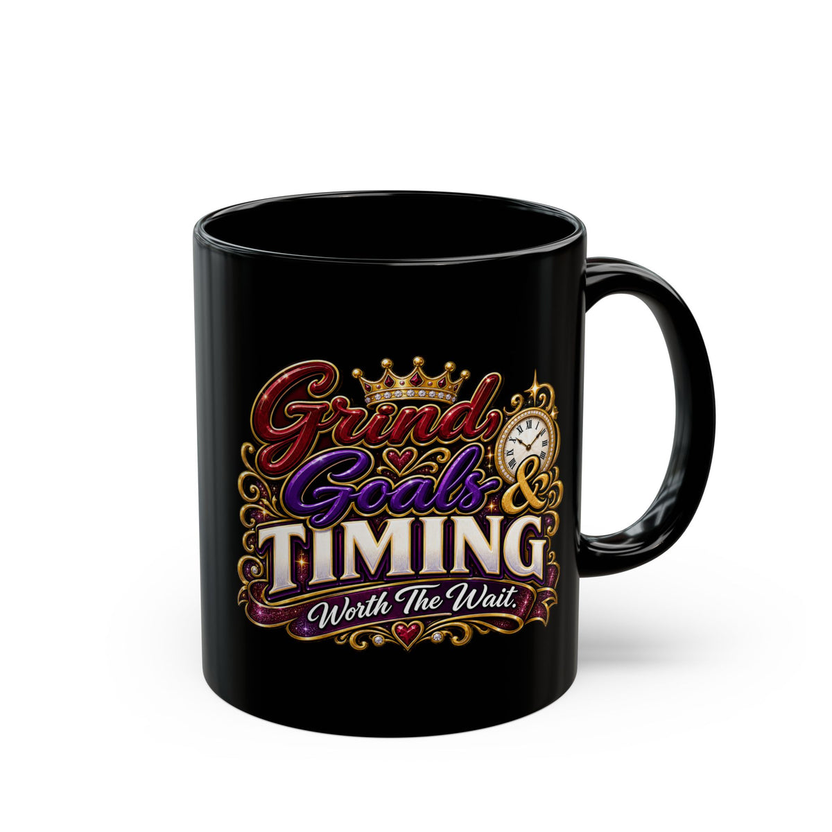 "Grind, Goals, and Timing, DF" Divine Faith mug (Black, 11oz/15oz)
