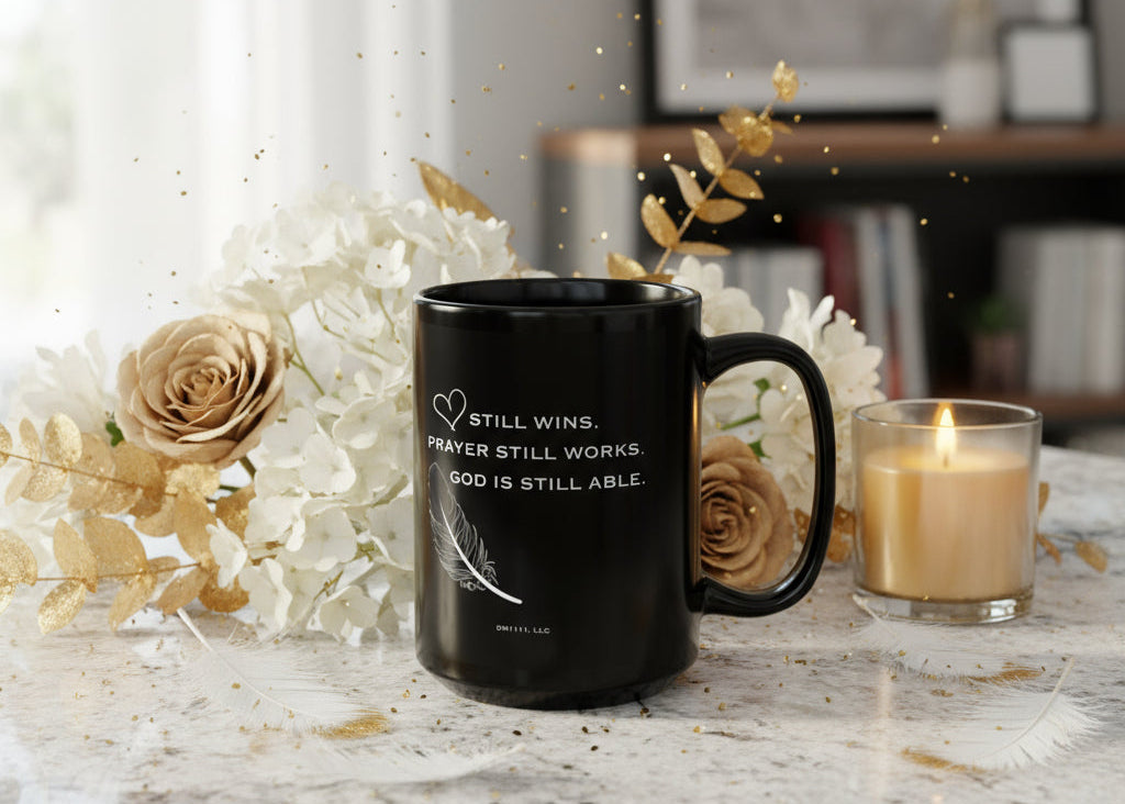 DM1111 "God Is Still Able" Black Mug (11oz, 15oz)