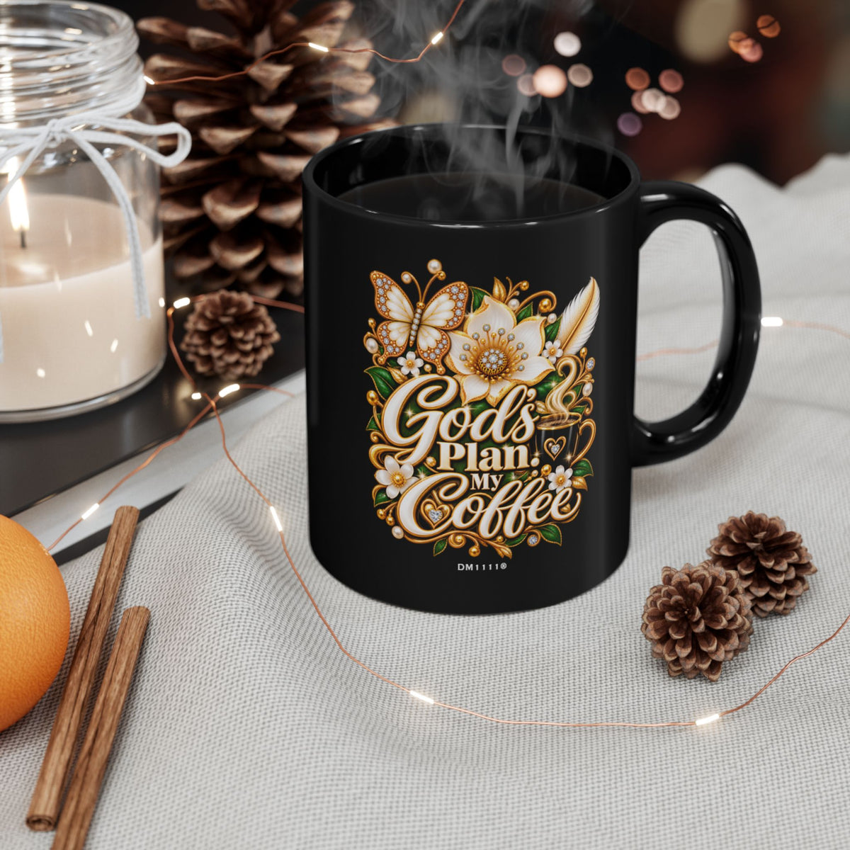 "God's Plan. My Coffee." Divine Faith mug (Black, 11oz/15oz)