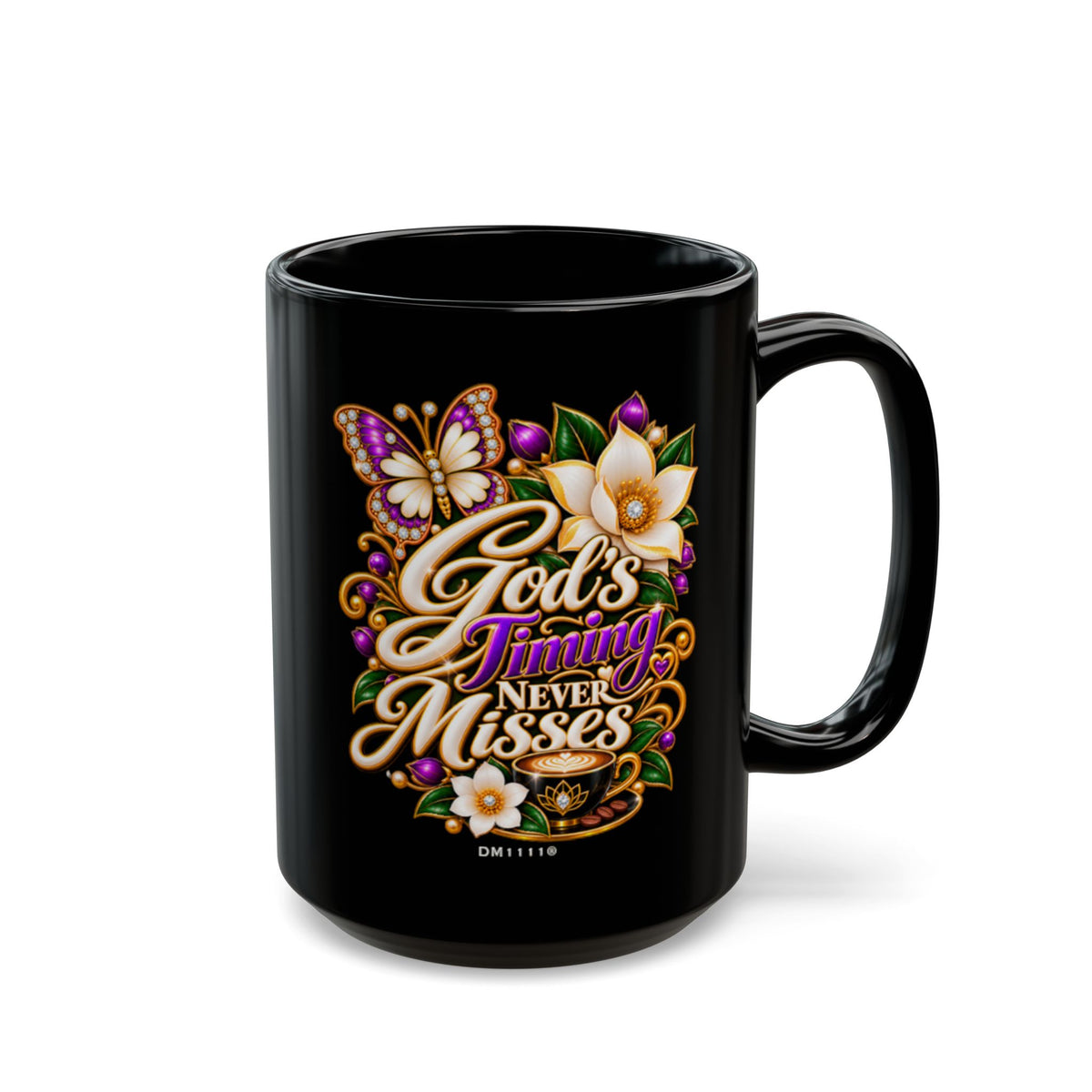 "God's Timing Never Misses" Divine Faith mug (Black, 11oz/15oz)