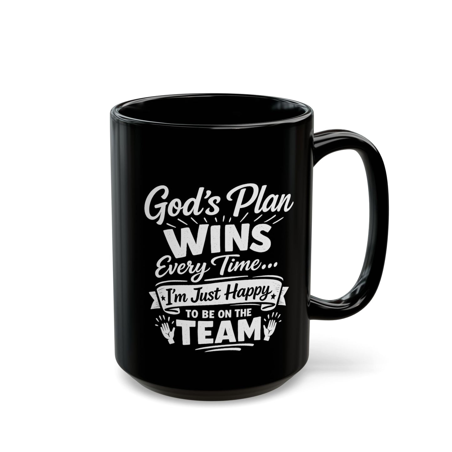 "God’s Plan Wins, DF" Divine Faith mug (Black, 11oz/15oz)