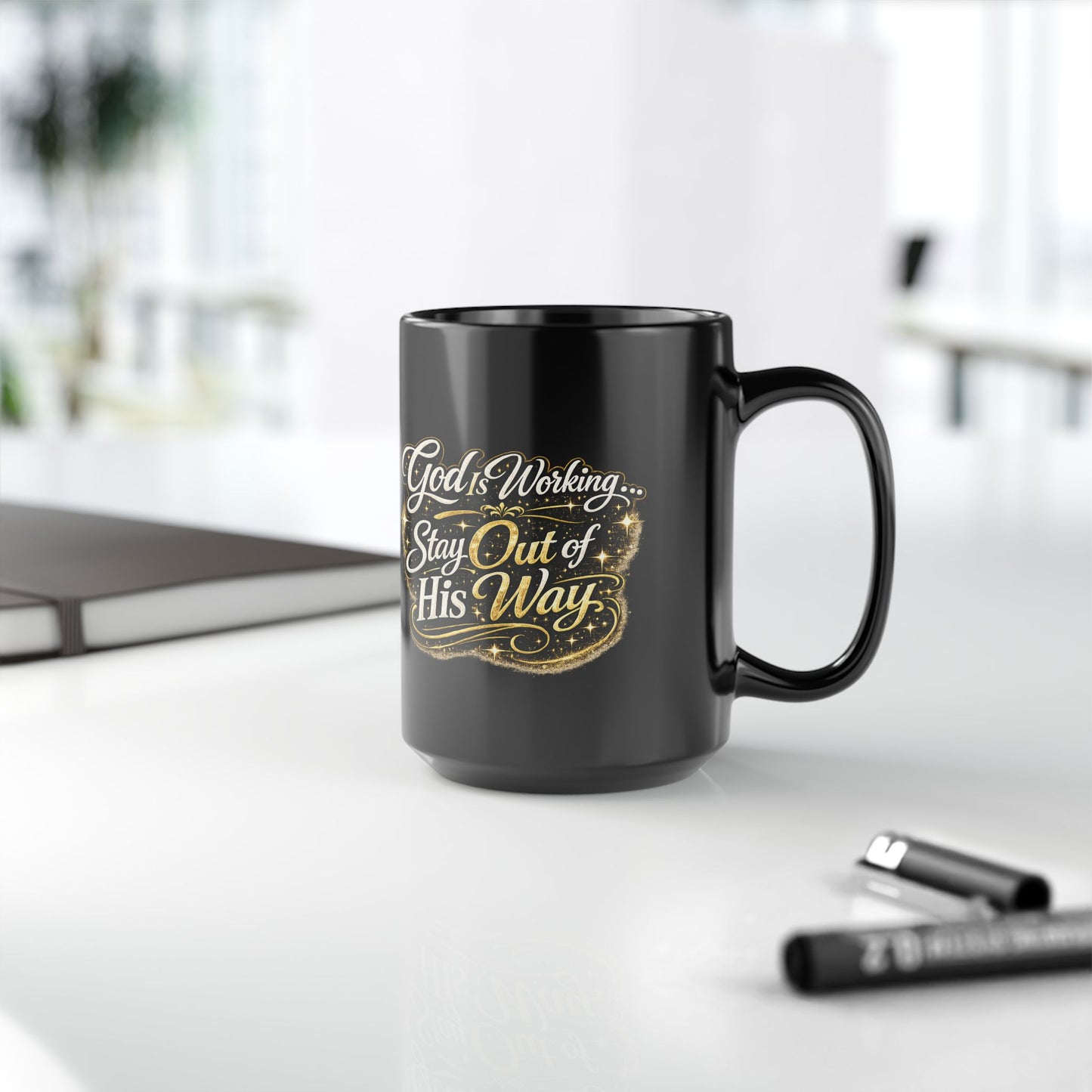 "God Is Working, DF" Divine Faith mug (Black, 11oz/15oz)