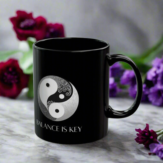 Balance Is Key Grey DM1111 Black Mug (11oz, 15oz)