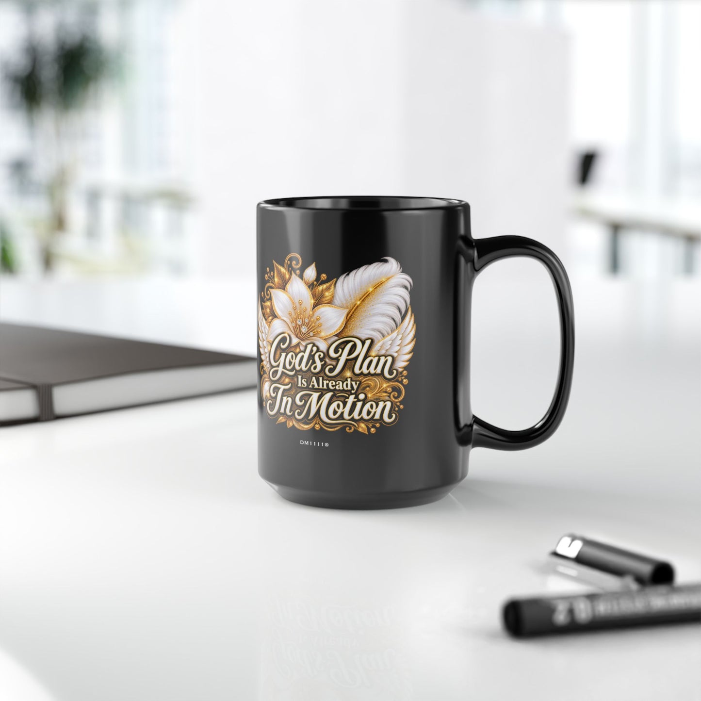 "God's Plan Is Already In Motion" Divine Faith mug (Black, 11oz/15oz)