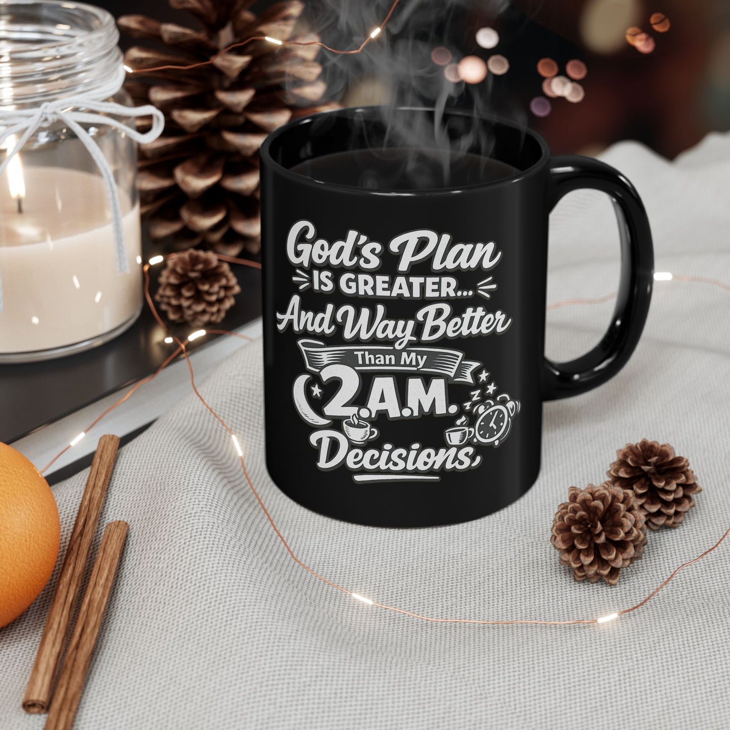 "God's Plan Is Greater, DF" Divine Faith mug (Black, 11oz/15oz)