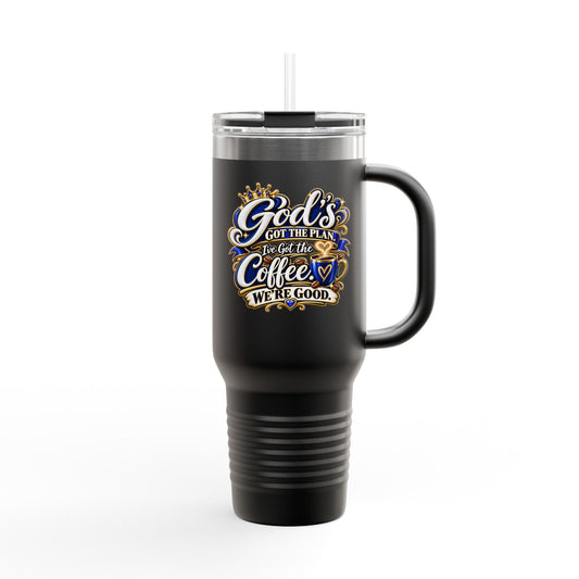 Travel Mug — "God's Got The Plan. I've Got The Coffee" 40oz Insulated Tumbler