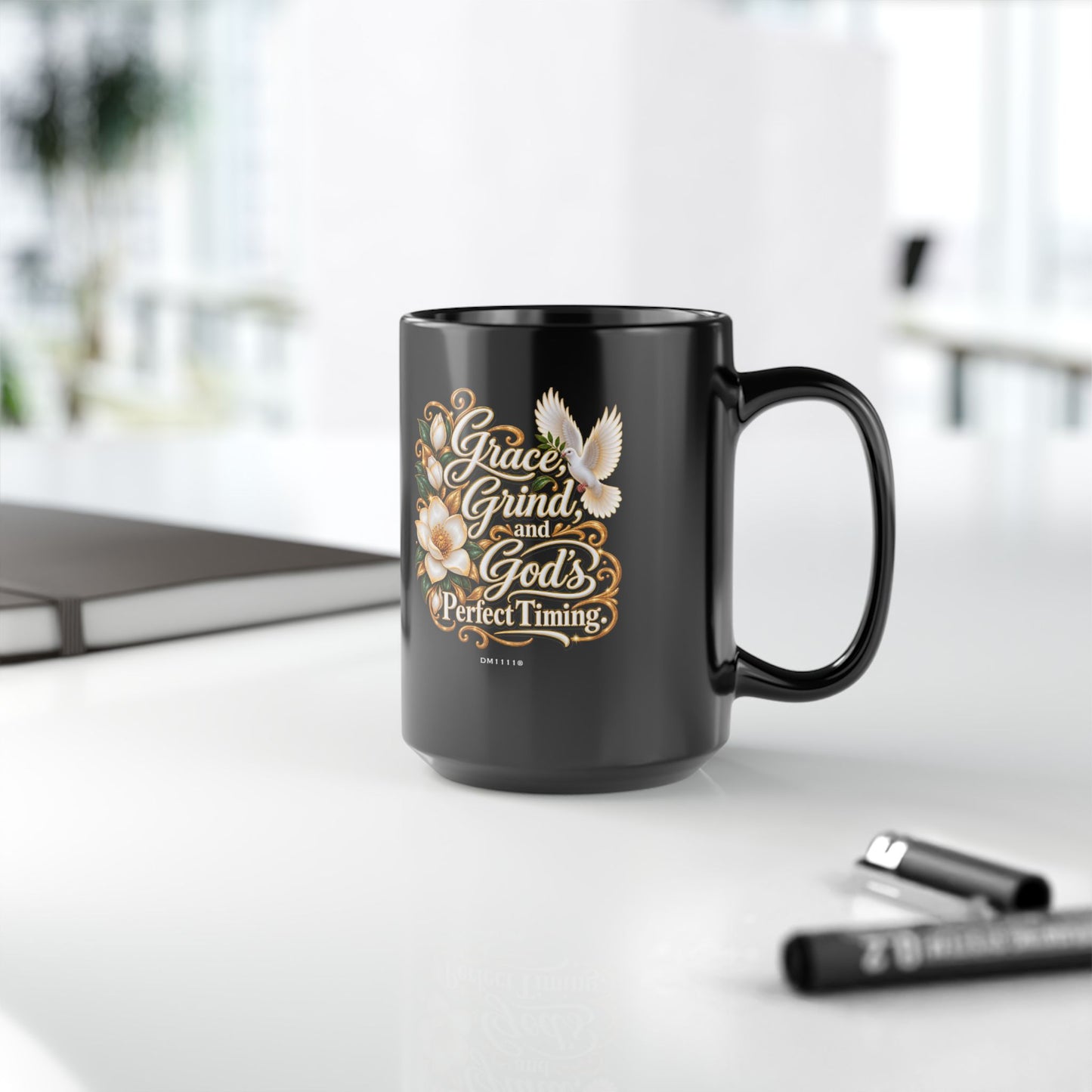 Grace, Grind, and God's Perfect Timing" Divine Faith mug (Black, 11oz/15oz)