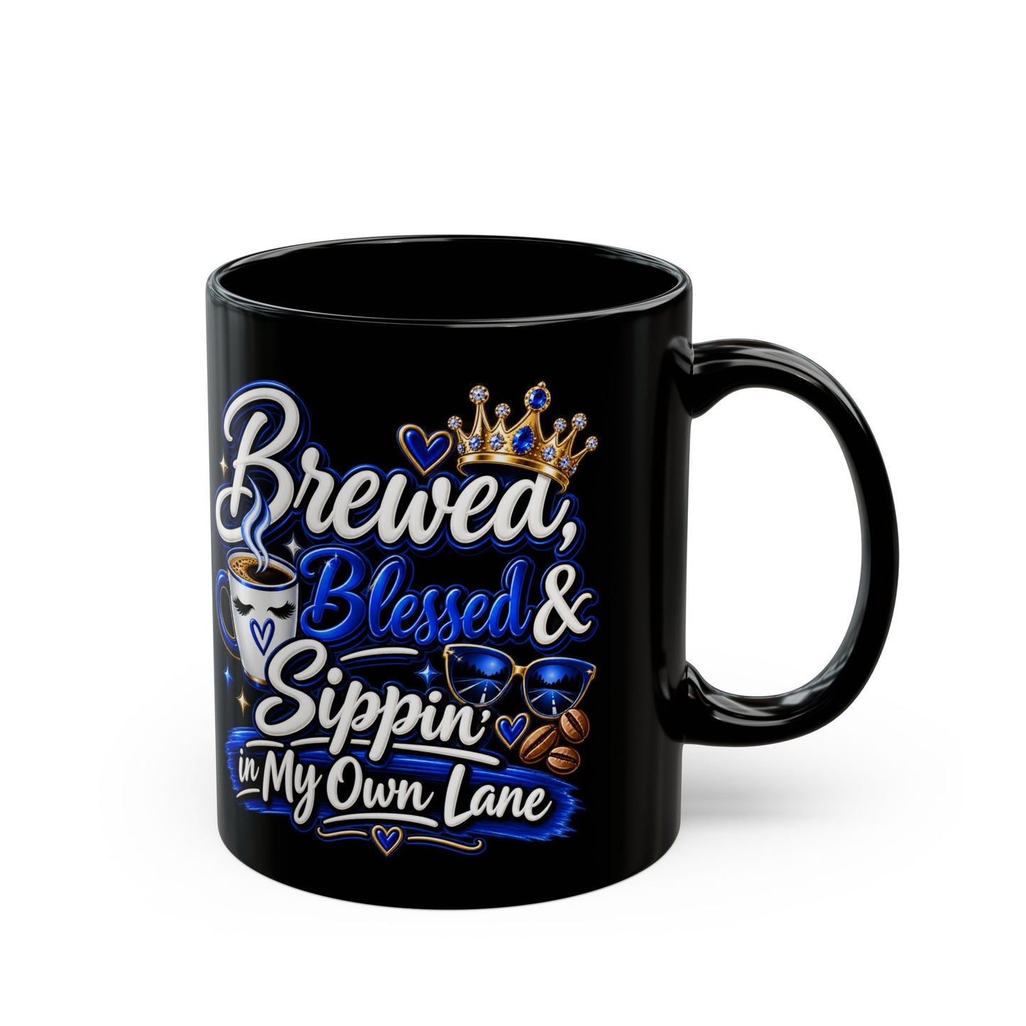 "Brewed, Blessed, and Sippin, DF" Divine Faith mug (Black, 11oz/15oz)