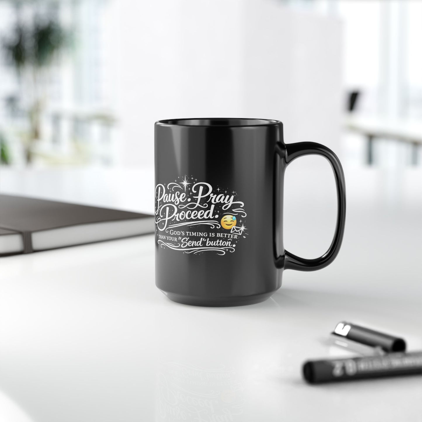 "Pause. Pray. Proceed, DF" Divine Faith mug (Black, 11oz/15oz)