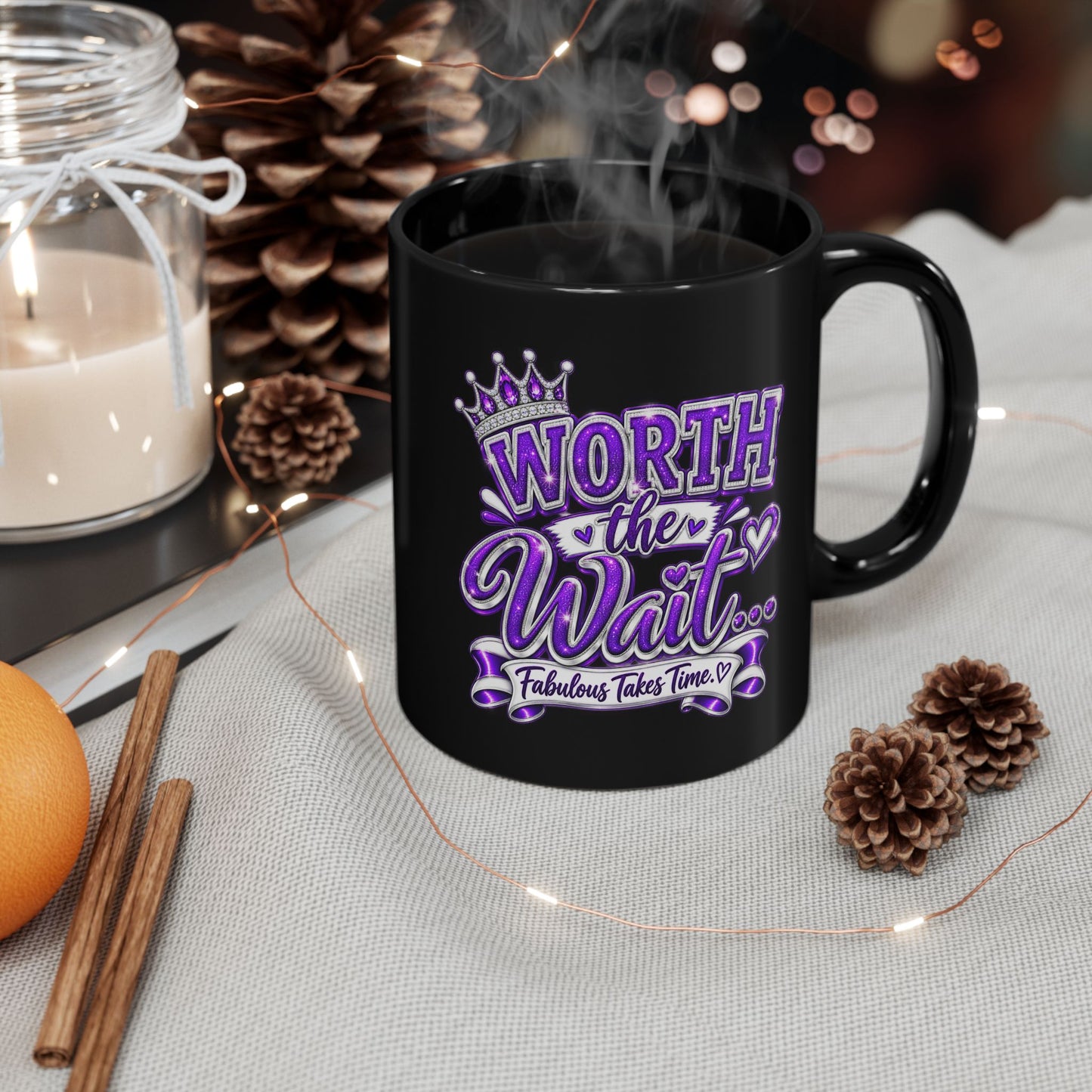 "Worth The Wait, DF" Divine Faith mug (Black, 11oz/15oz)