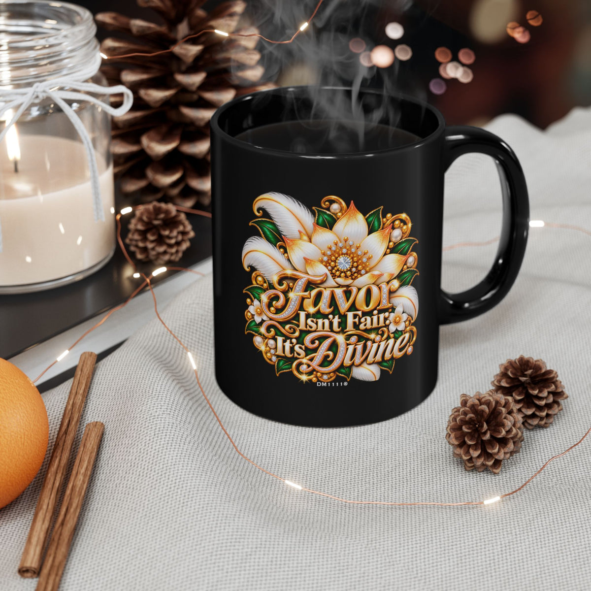 "Favor Isn’t Fair. It's Divine" Divine Faith mug (Black, 11oz/15oz)