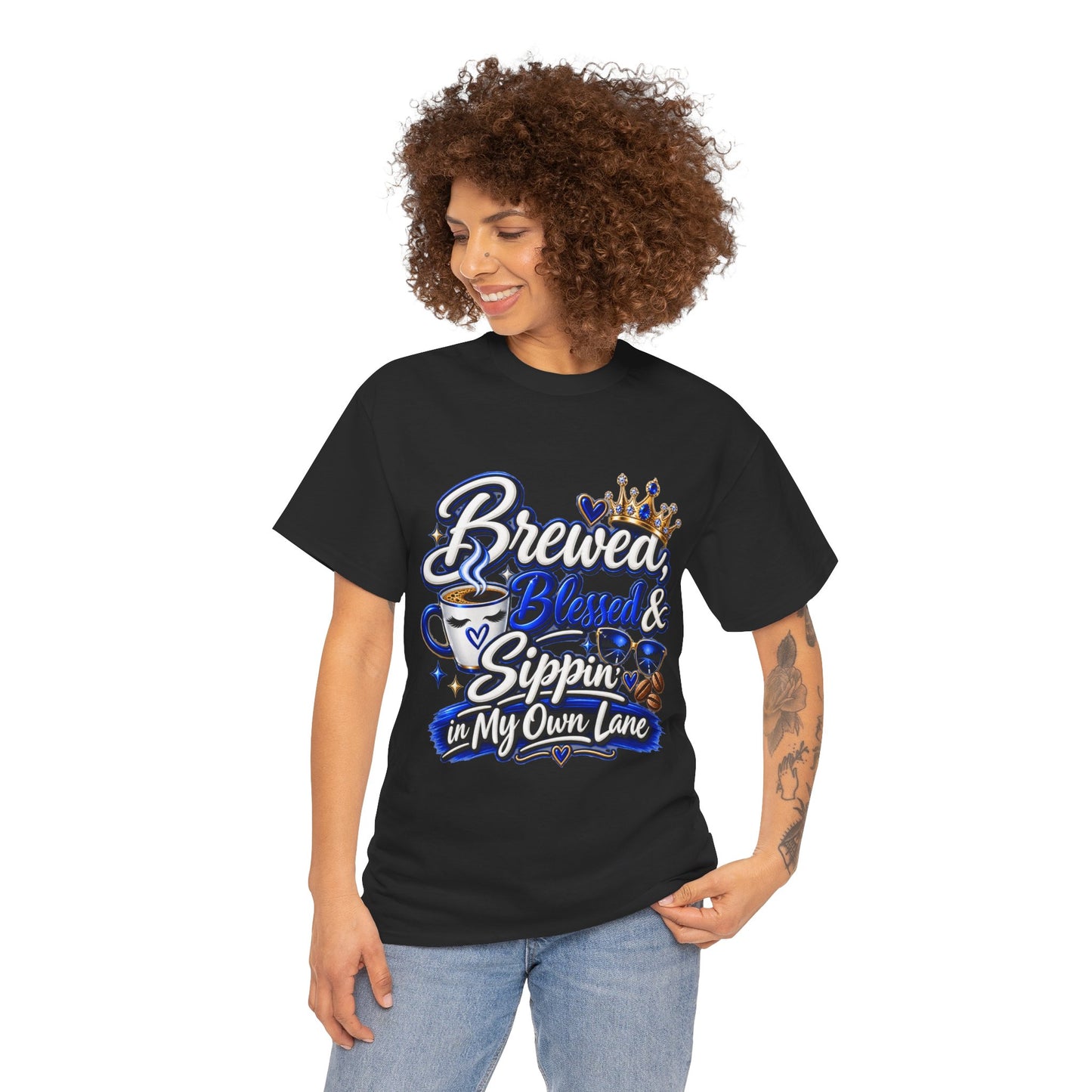 "Brewed, Blessed, and Sippin, DF" T-Shirt by DM1111