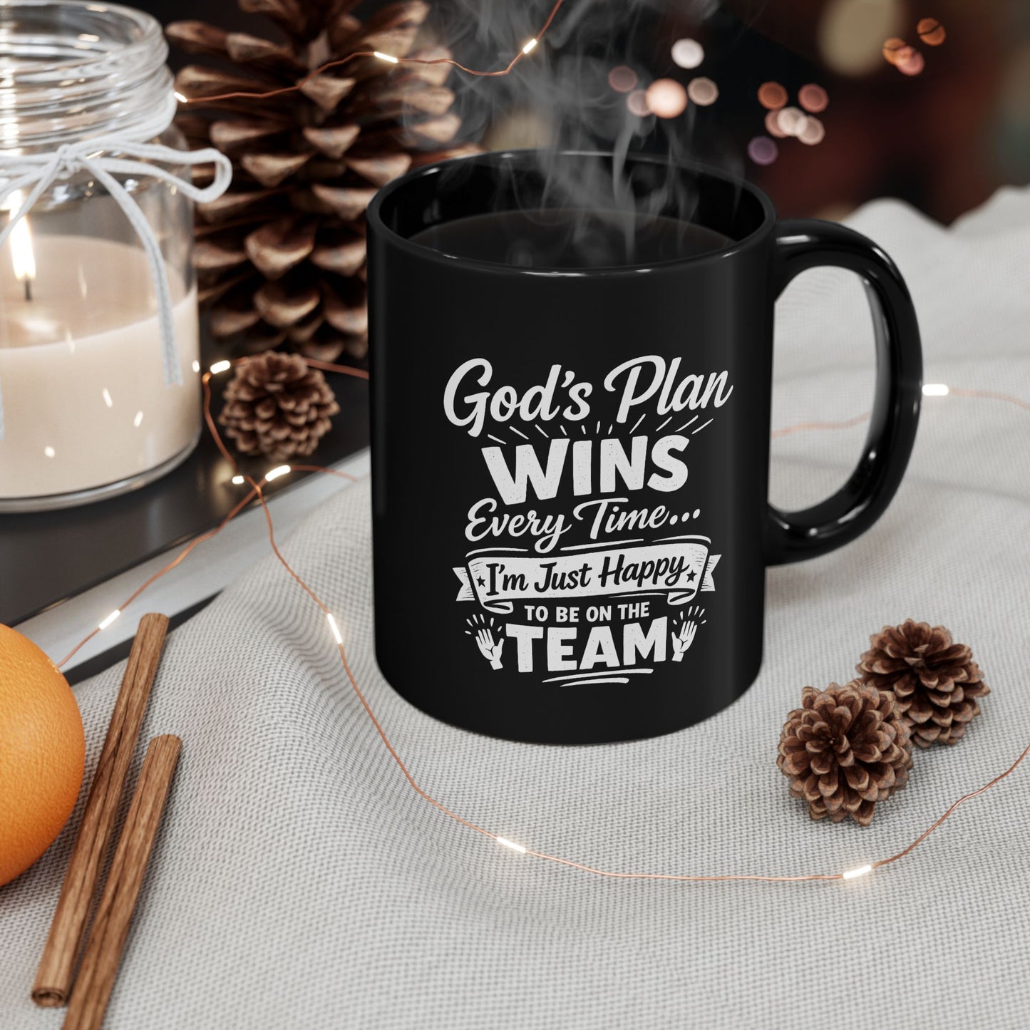 "God’s Plan Wins, DF" Divine Faith mug (Black, 11oz/15oz)