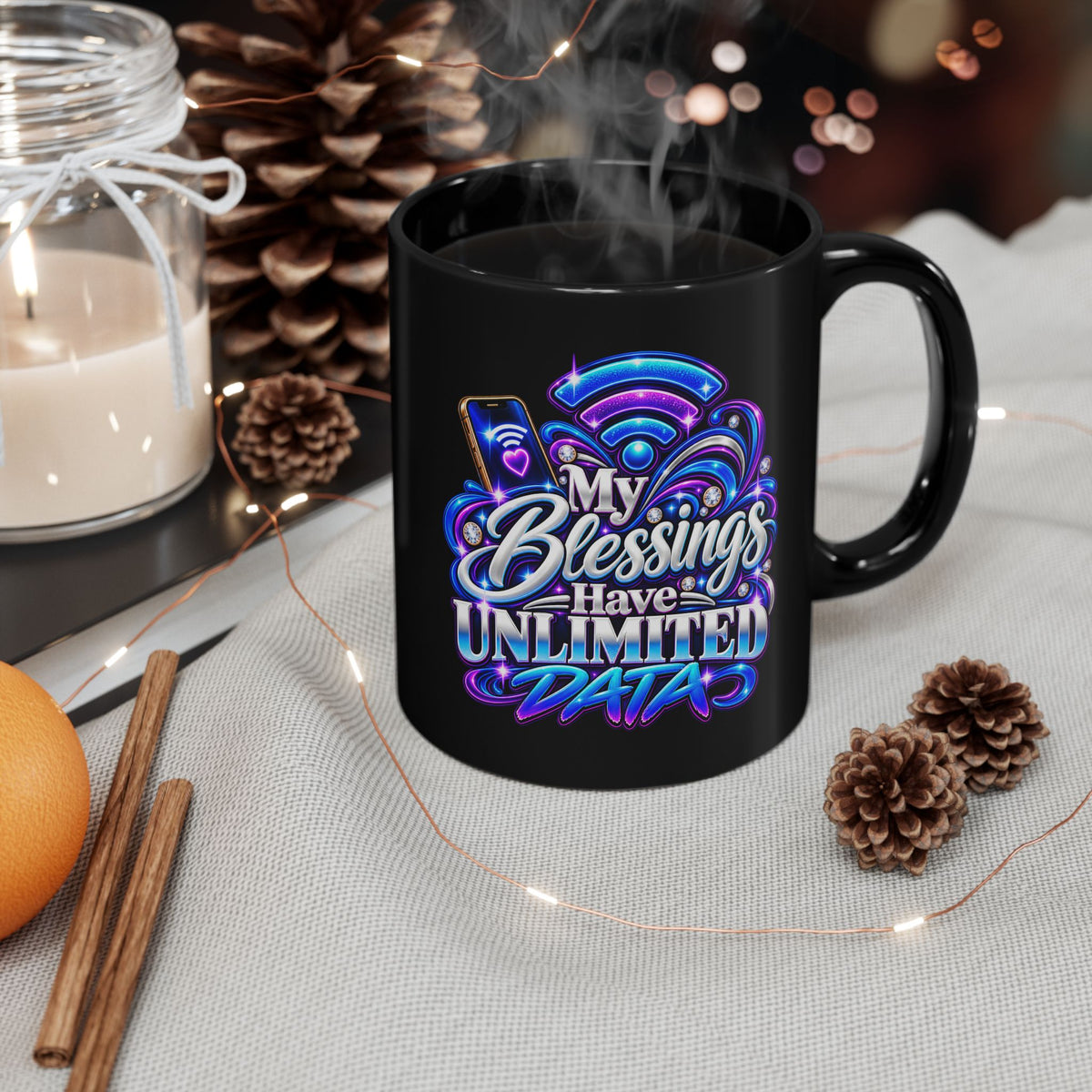 "My Blessings Have Unlimited Data, DF" Divine Faith mug (Black, 11oz/15oz)