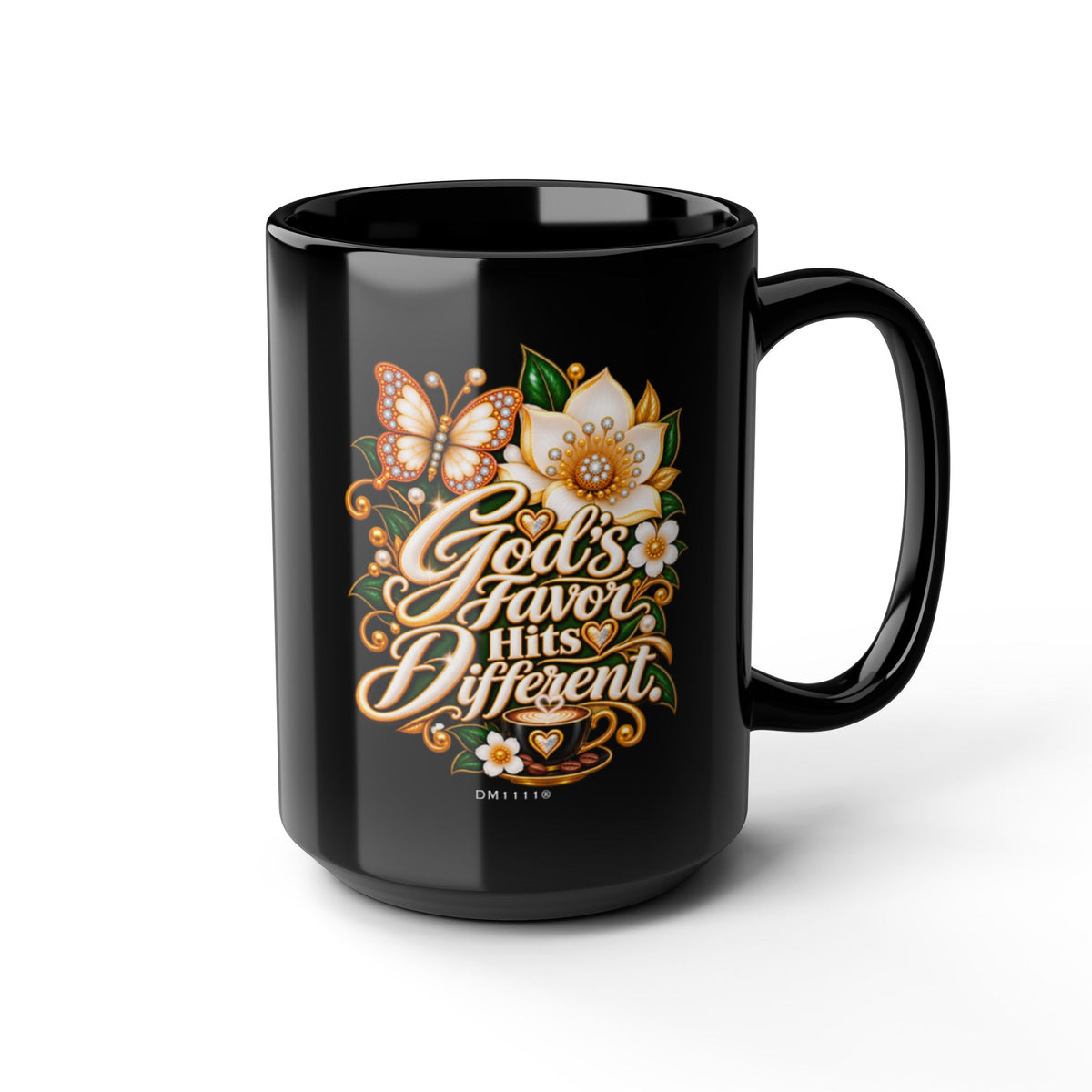 "God's Favor Hits Different." Divine Faith mug (Black, 11oz/15oz)
