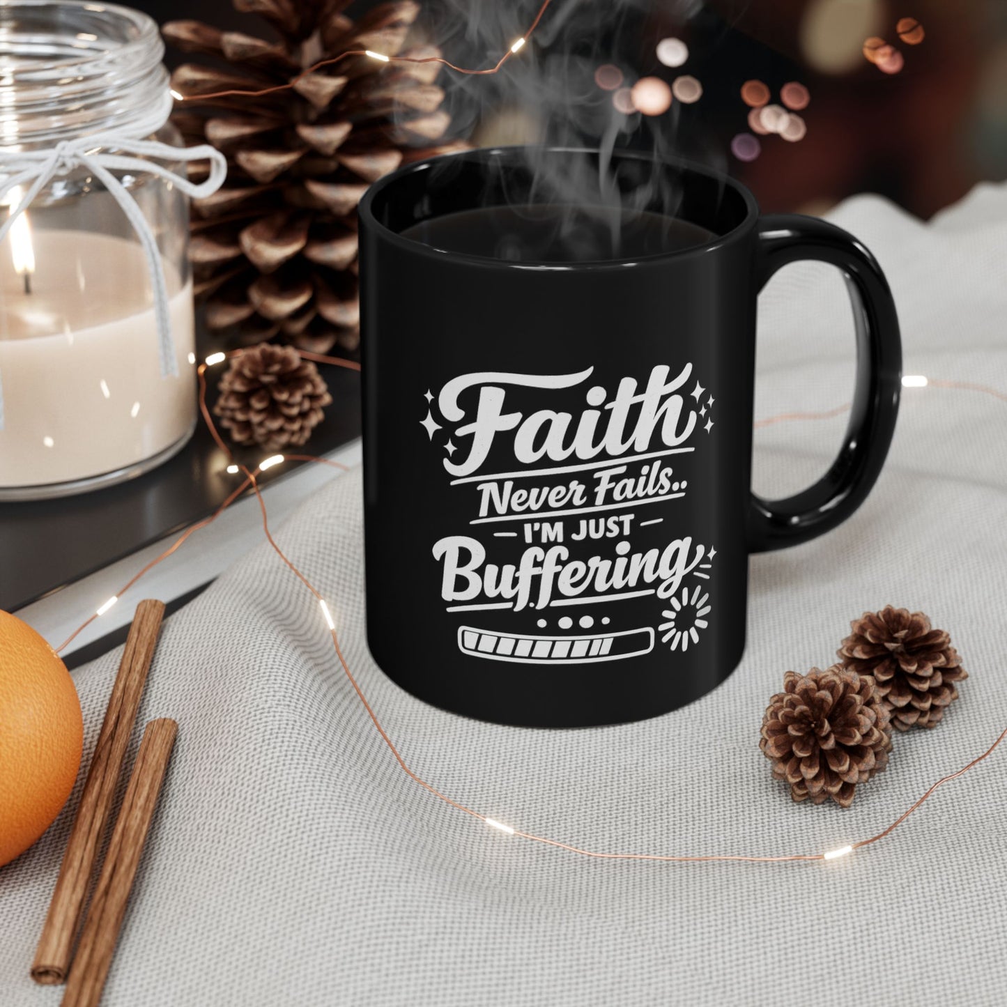 "Faith Never Fails, DF" Divine Faith mug (Black, 11oz/15oz)
