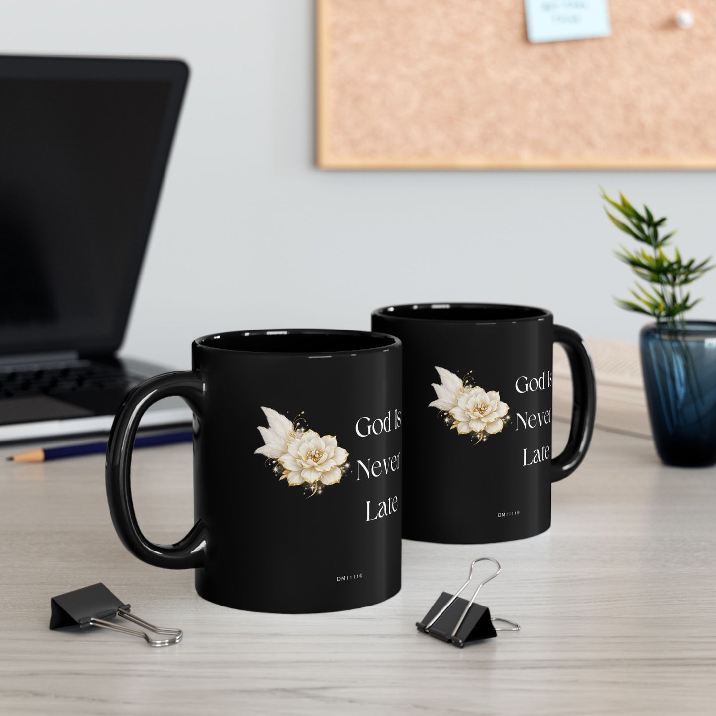 "God Is Never Late" Divine Faith mug (Black, 11oz/15oz)