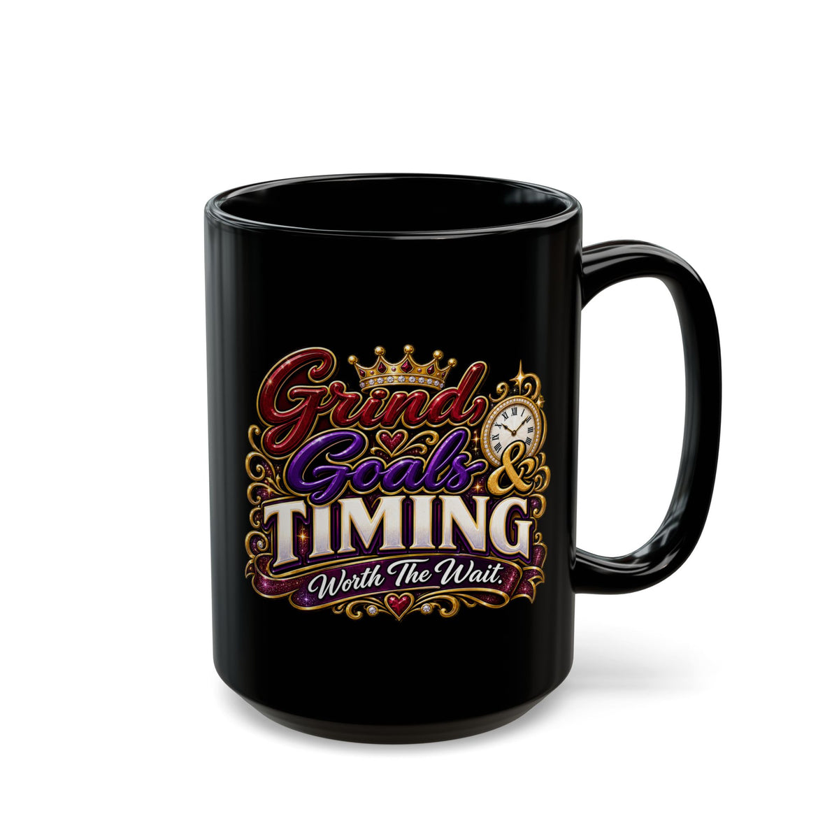 "Grind, Goals, and Timing, DF" Divine Faith mug (Black, 11oz/15oz)