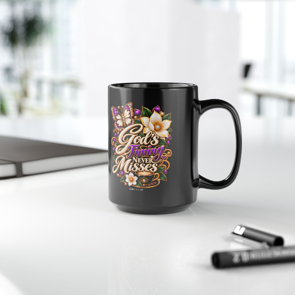 "God's Timing Never Misses" Divine Faith mug (Black, 11oz/15oz)