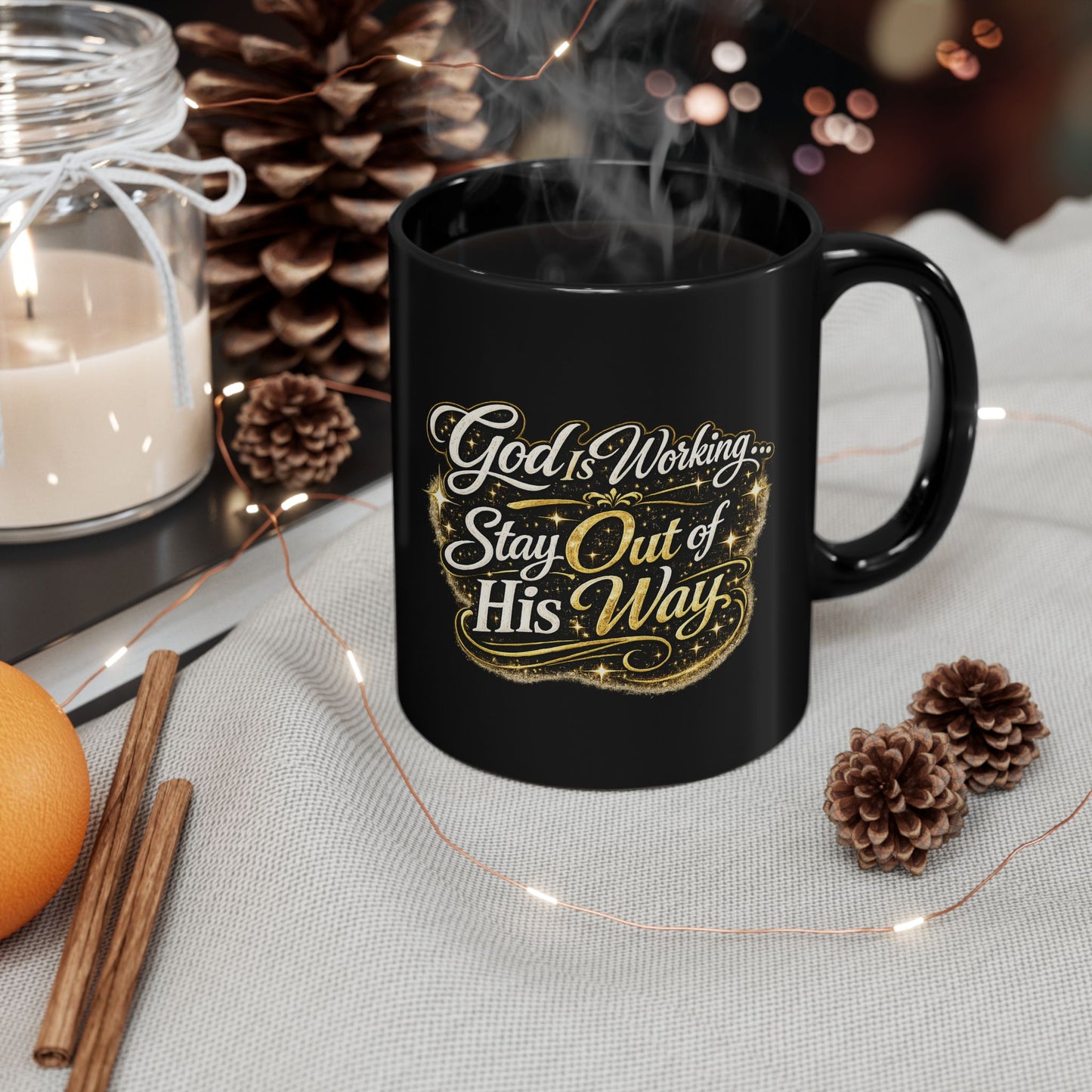 "God Is Working, DF" Divine Faith mug (Black, 11oz/15oz)