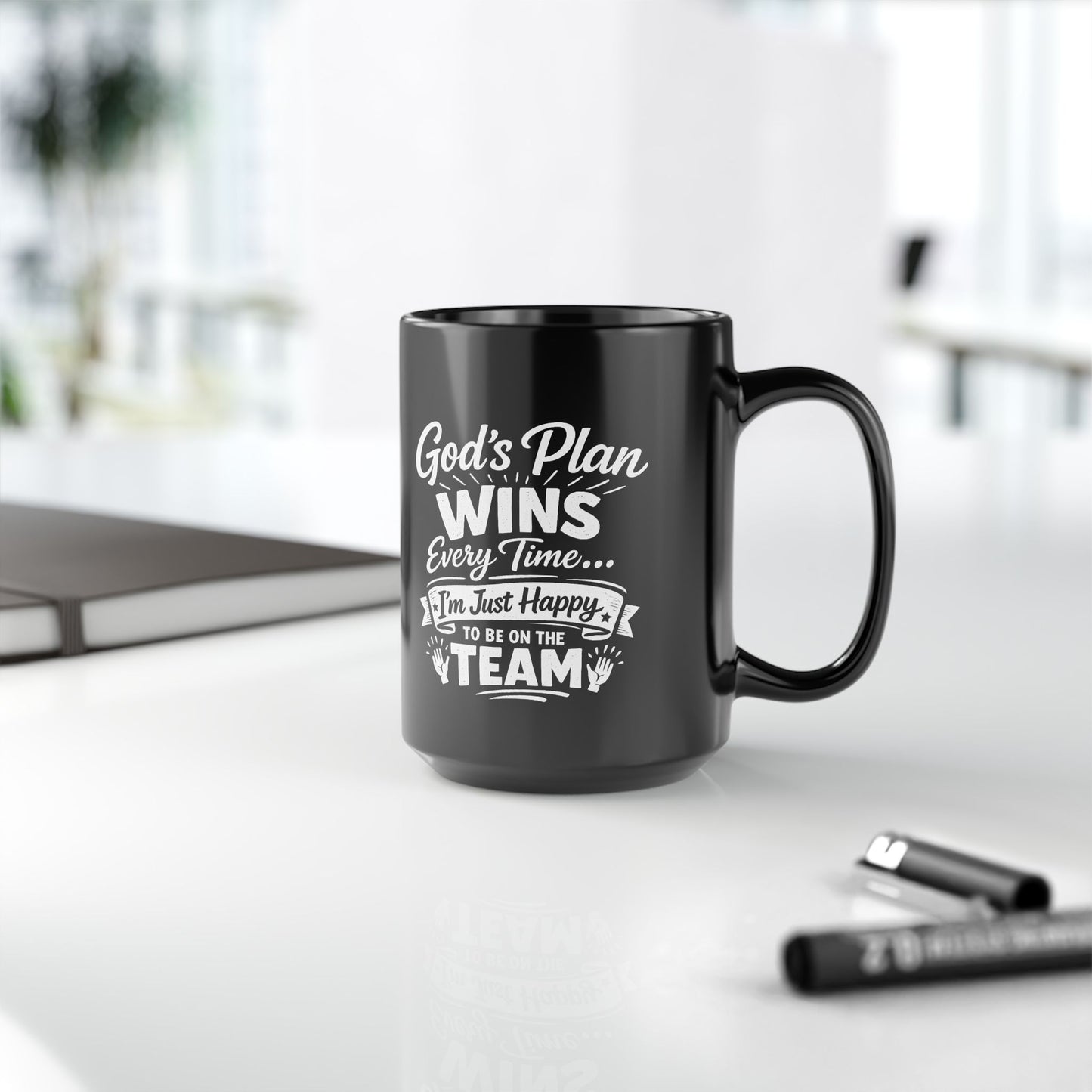 "God’s Plan Wins, DF" Divine Faith mug (Black, 11oz/15oz)